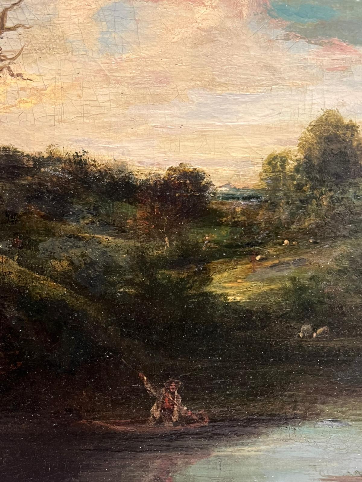 Olio inglese dei primi anni del 1800: Paesaggio di campagna con figura di fiume - Painting Vittoriano di English 1800's