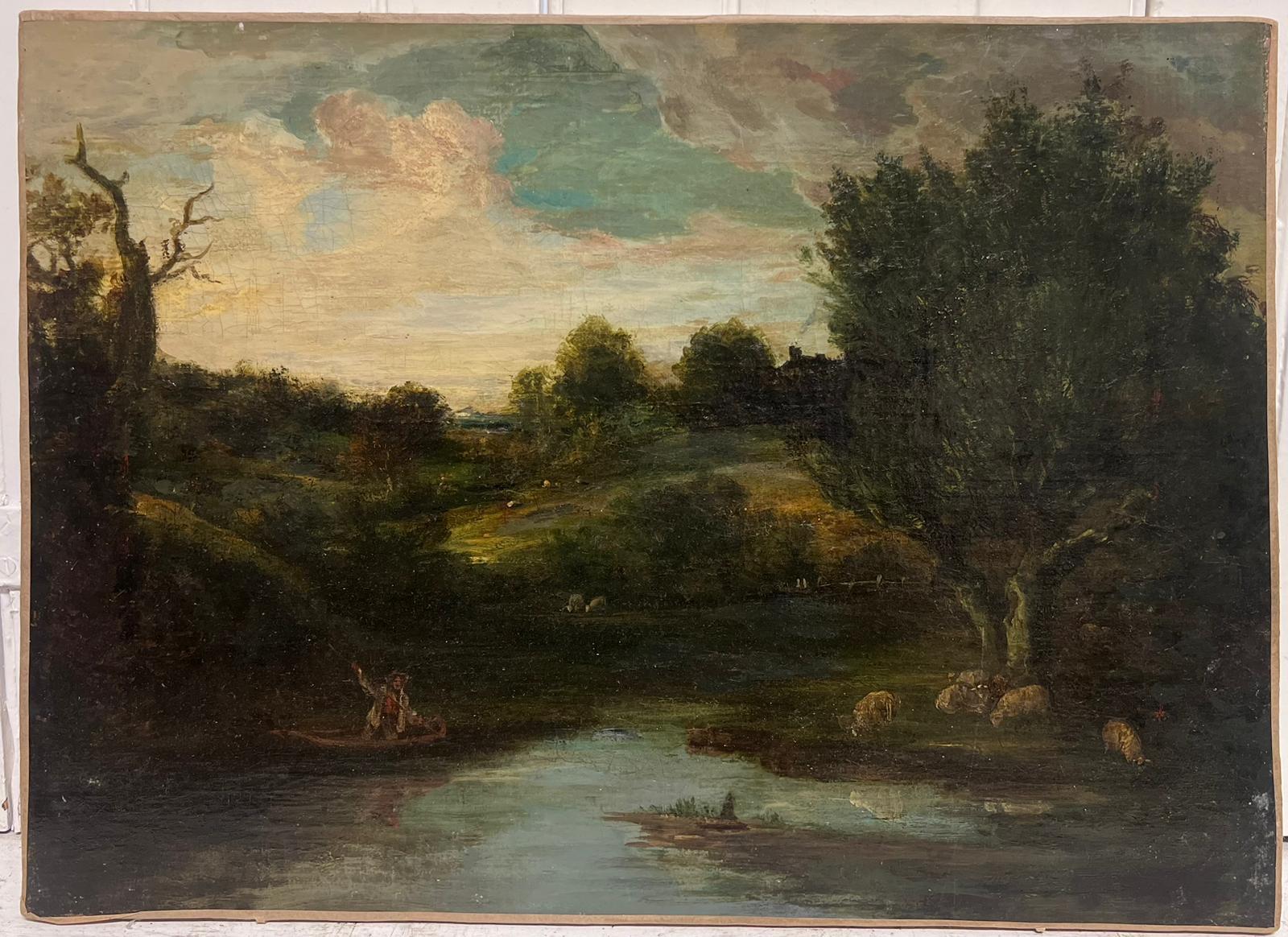 Olio inglese dei primi anni del 1800: Paesaggio di campagna con figura di fiume - Figurative Painting Nero di English 1800's