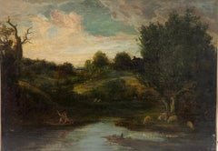 Olio inglese dei primi anni del 1800: Paesaggio di campagna con figura di fiume