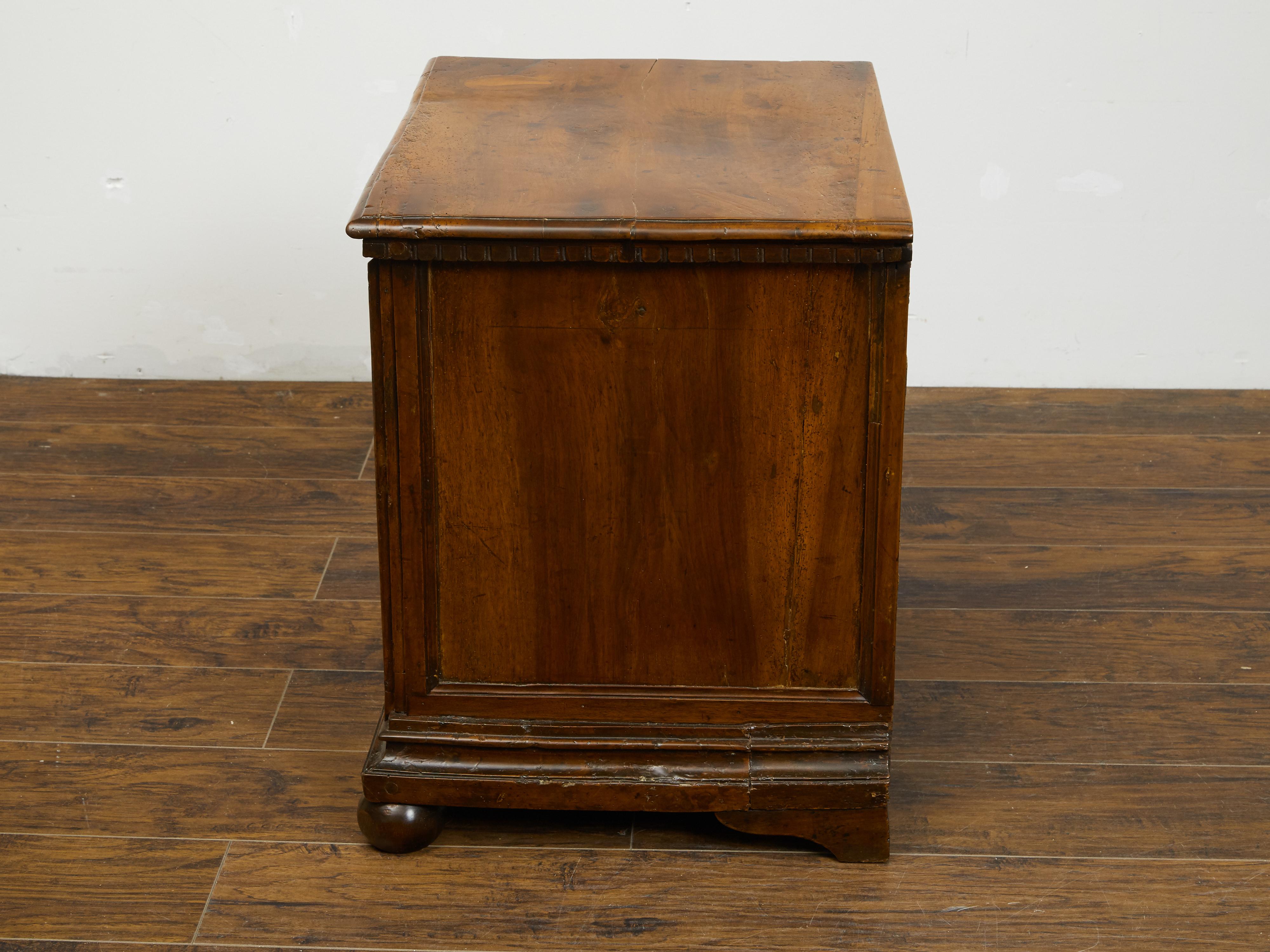 English 1800s Walnut Commode with Dentil Molding, Two Drawers and Bun Feet For Sale 5