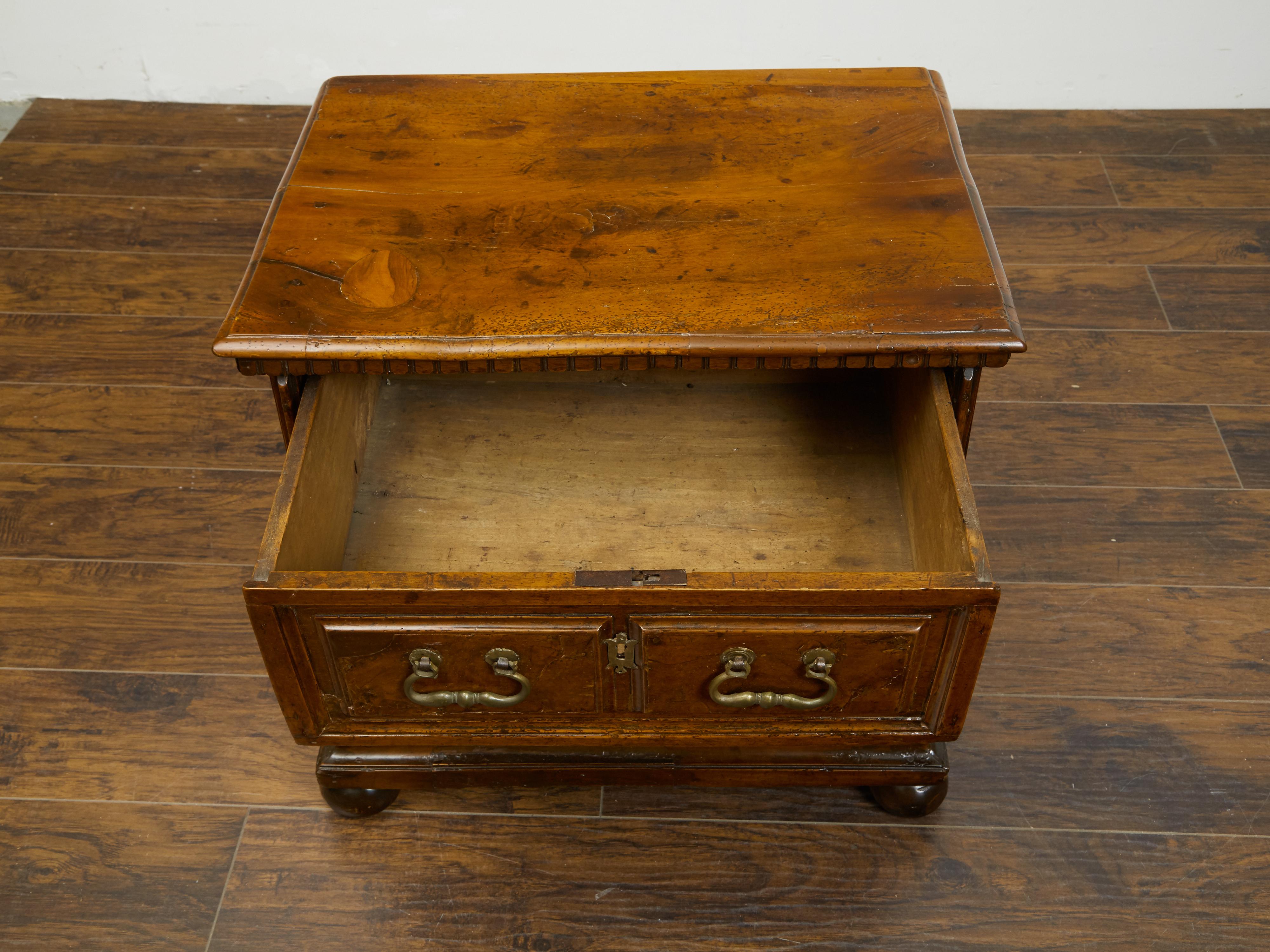 English 1800s Walnut Commode with Dentil Molding, Two Drawers and Bun Feet For Sale 6