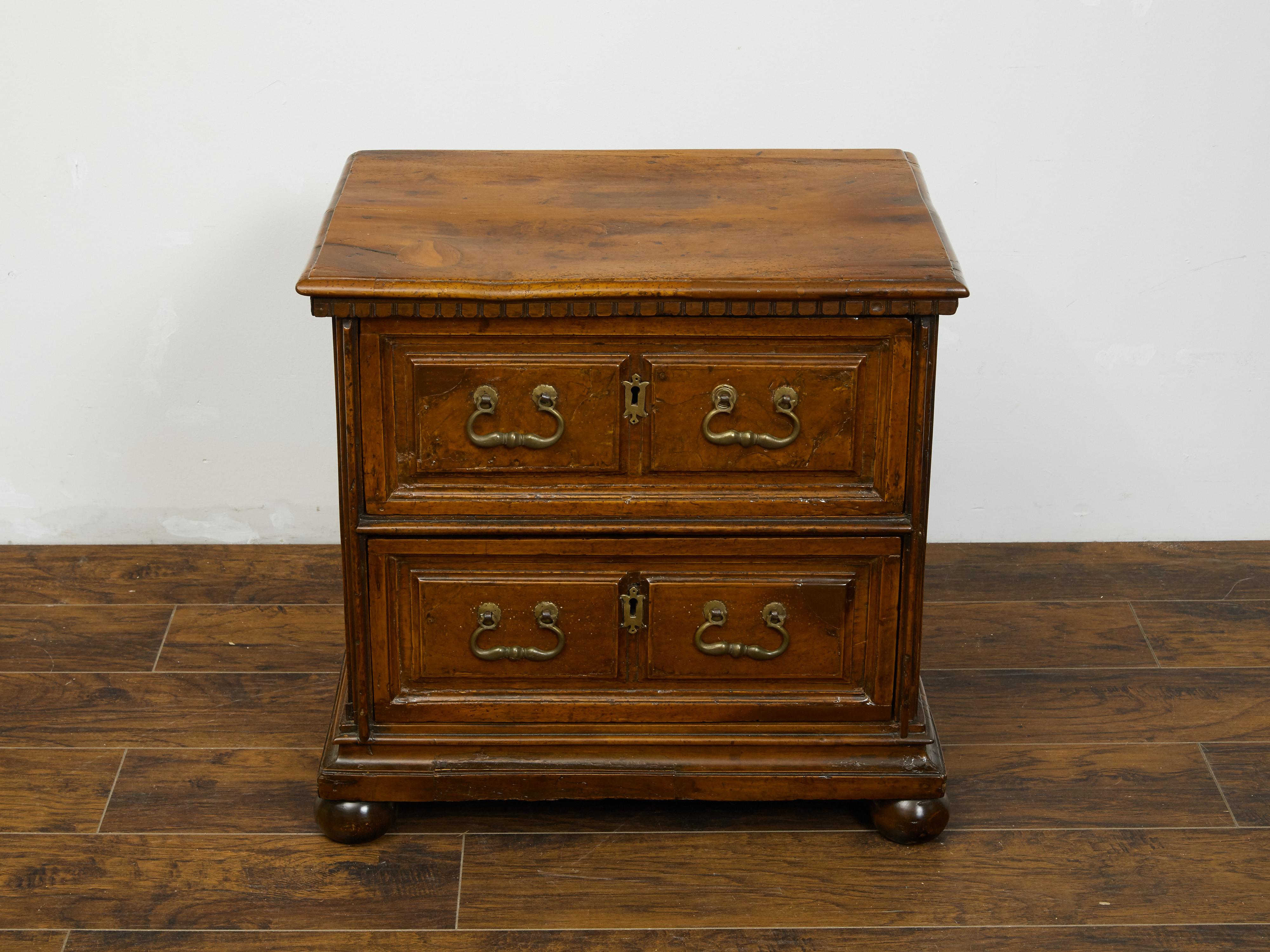 Carved English 1800s Walnut Commode with Dentil Molding, Two Drawers and Bun Feet For Sale