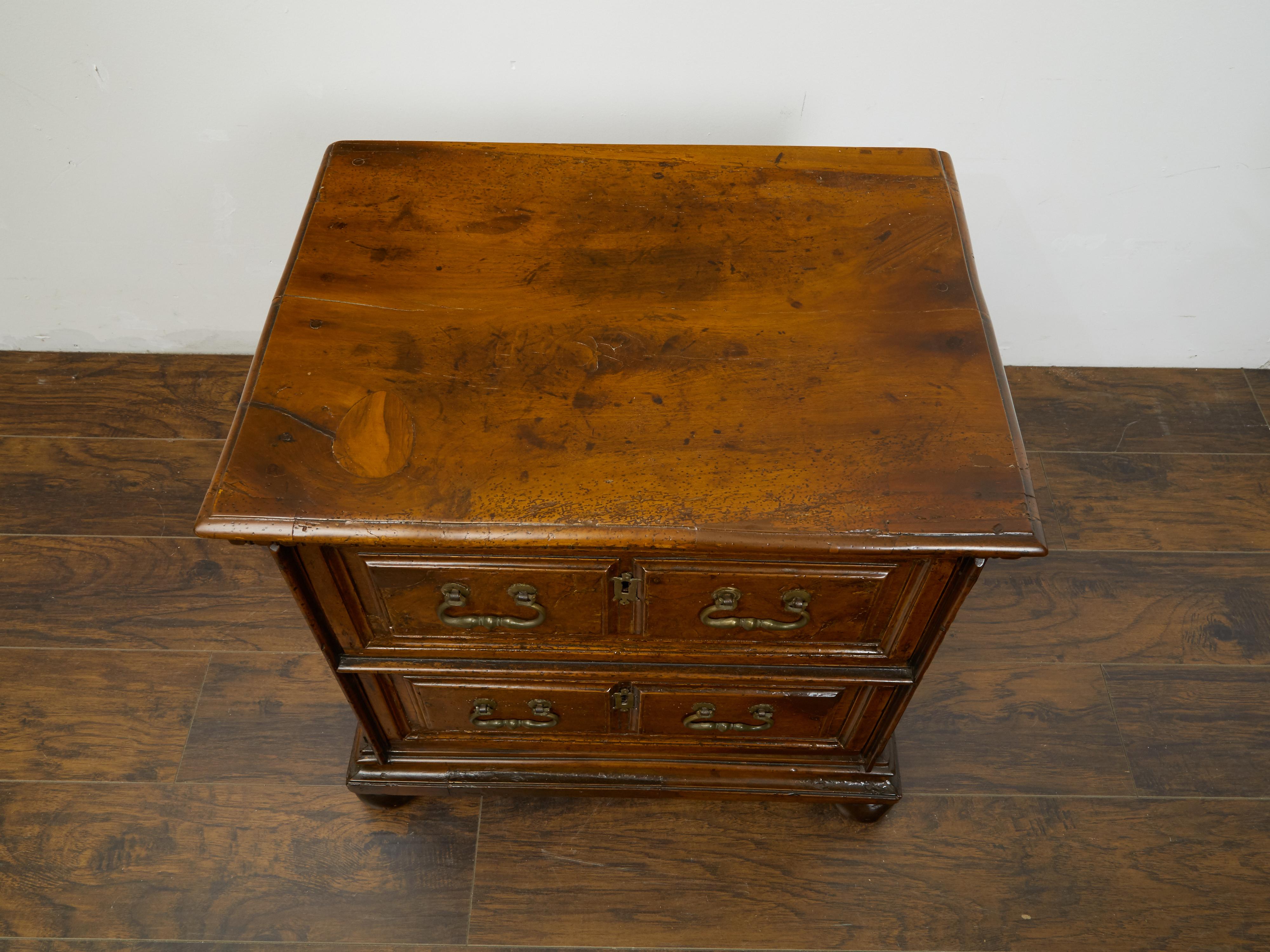 English 1800s Walnut Commode with Dentil Molding, Two Drawers and Bun Feet For Sale 1
