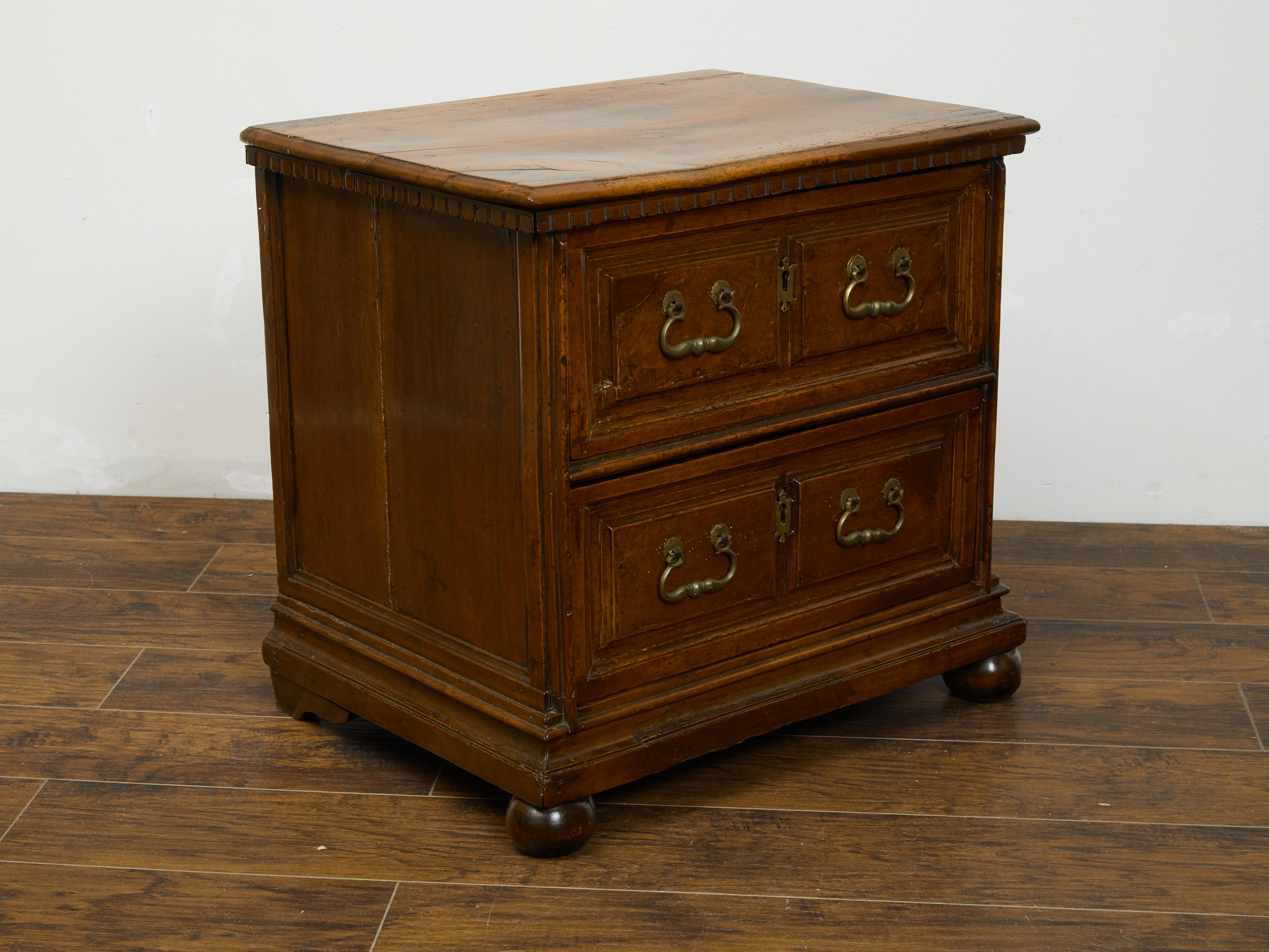 English 1800s Walnut Commode with Dentil Molding, Two Drawers and Bun Feet For Sale 2