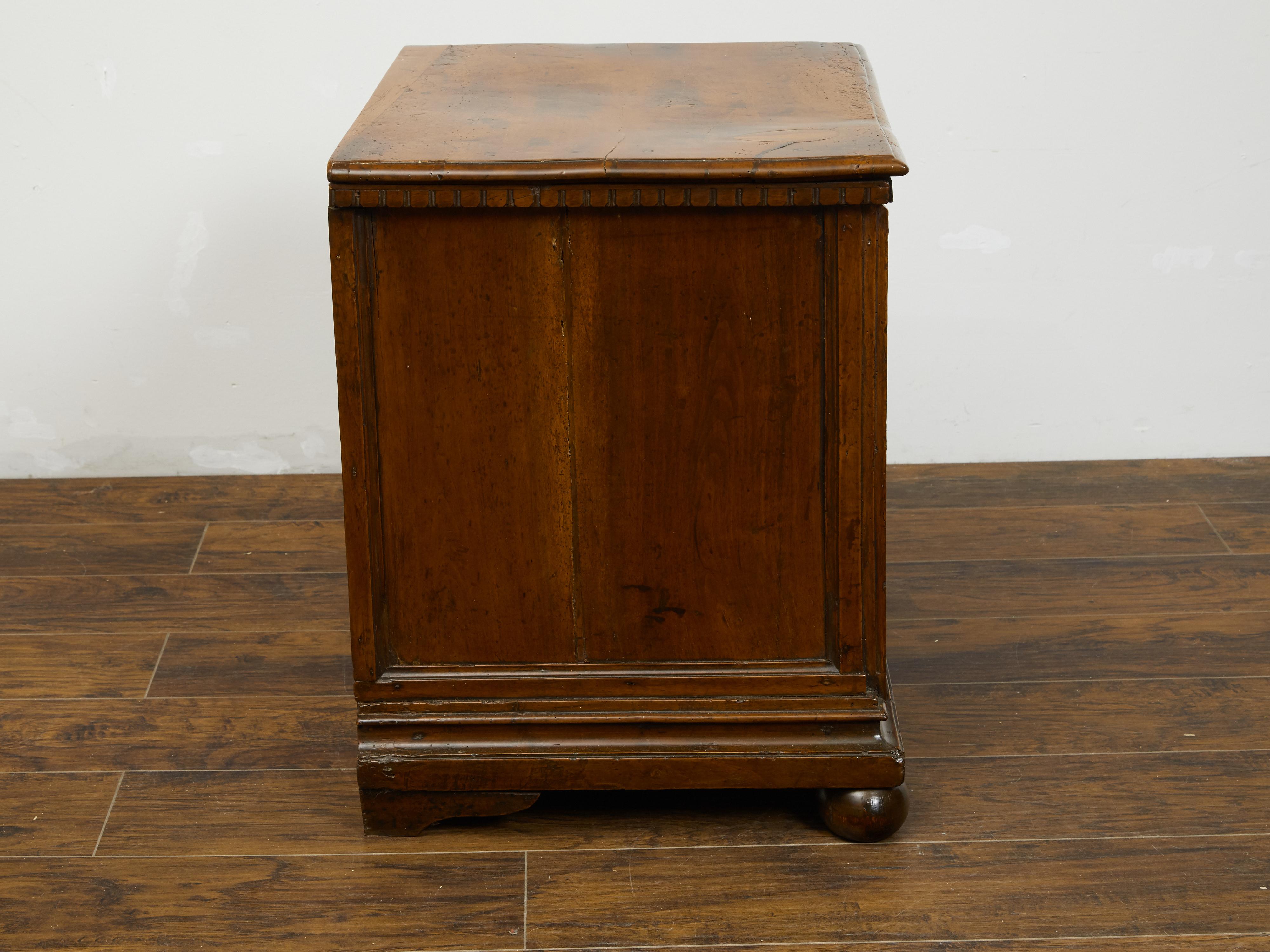 English 1800s Walnut Commode with Dentil Molding, Two Drawers and Bun Feet For Sale 3
