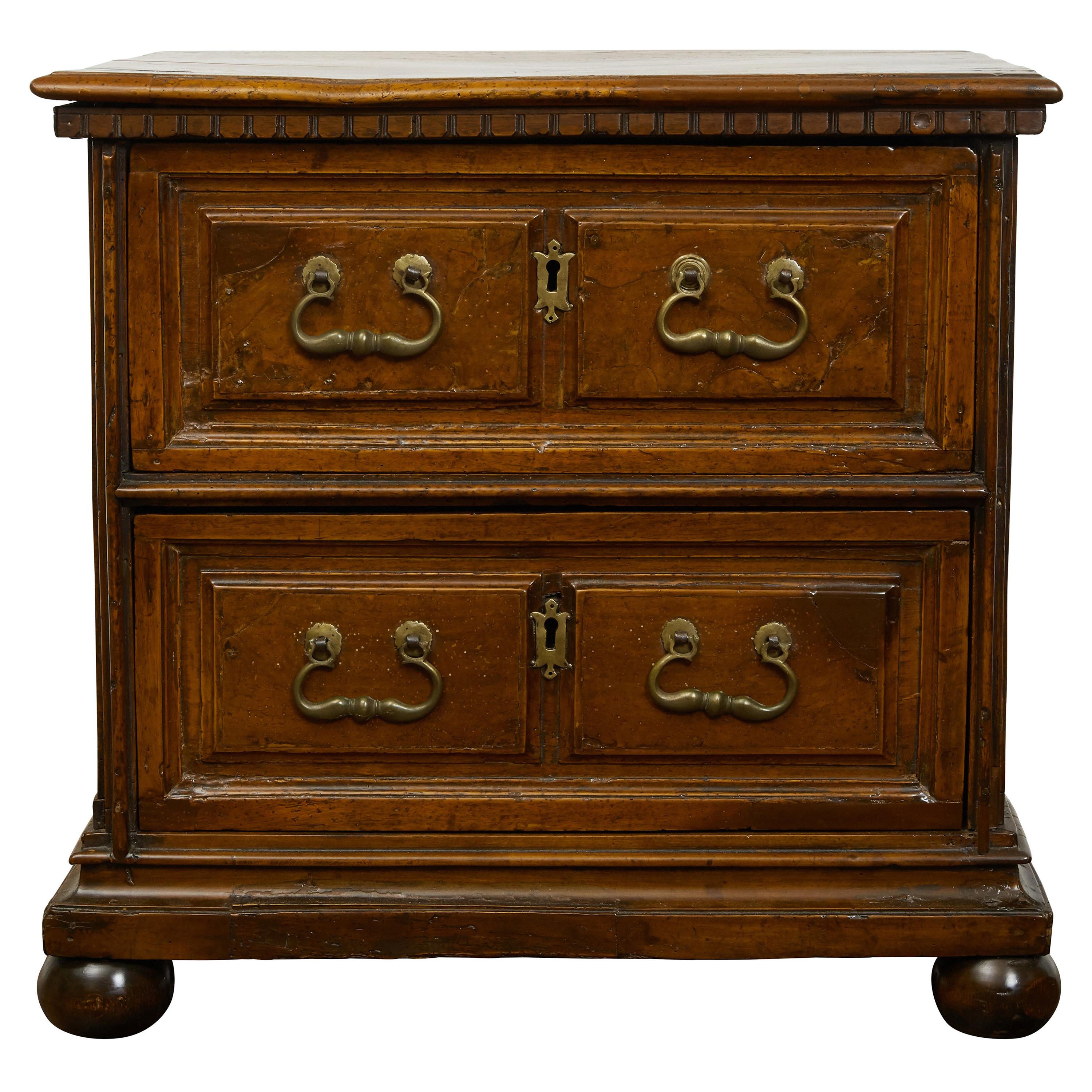 English 1800s Walnut Commode with Dentil Molding, Two Drawers and Bun Feet For Sale