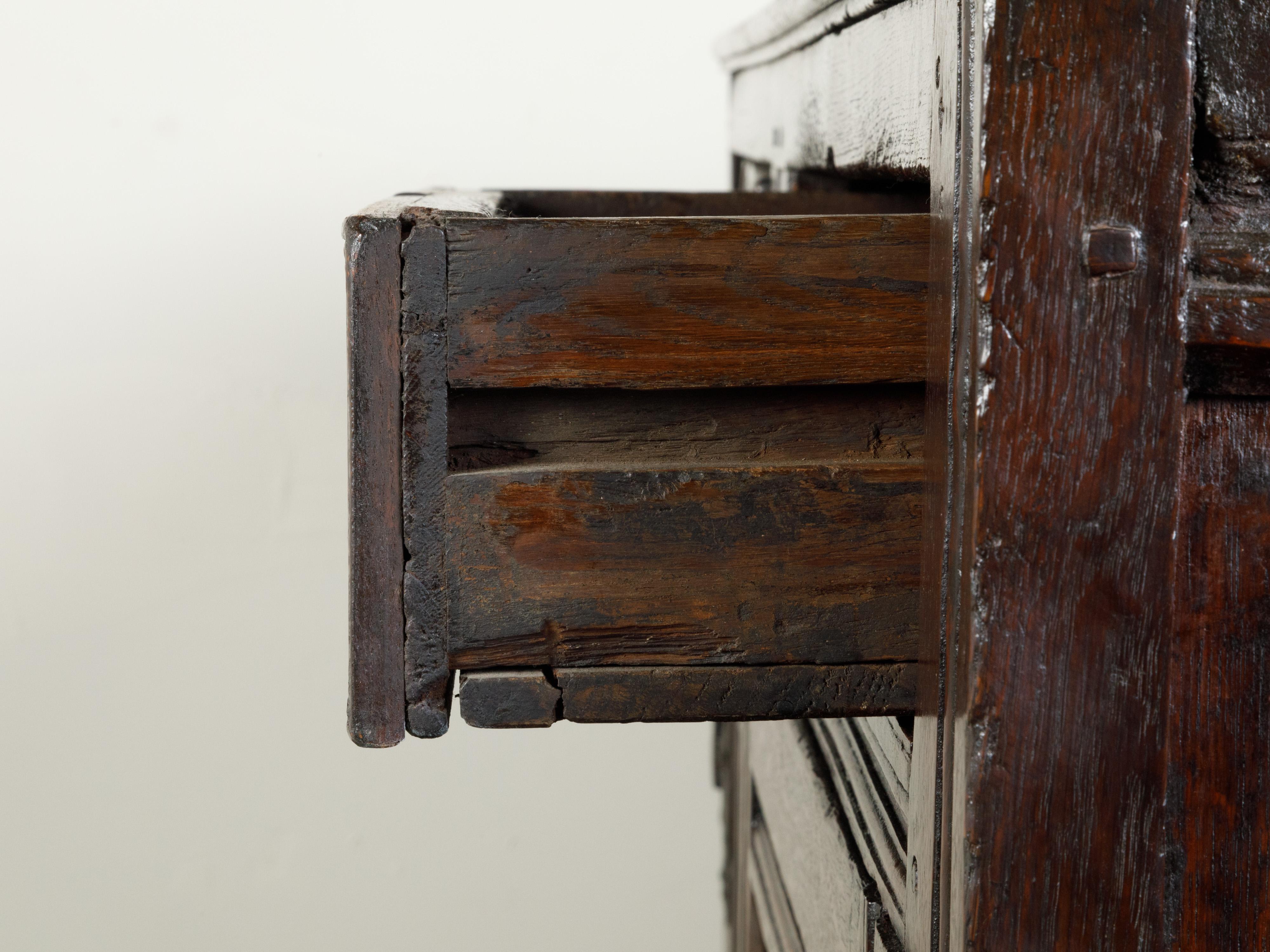 English 1800s Wooden Court Cupboard with Doors, Drawers and Diamond Motifs For Sale 5