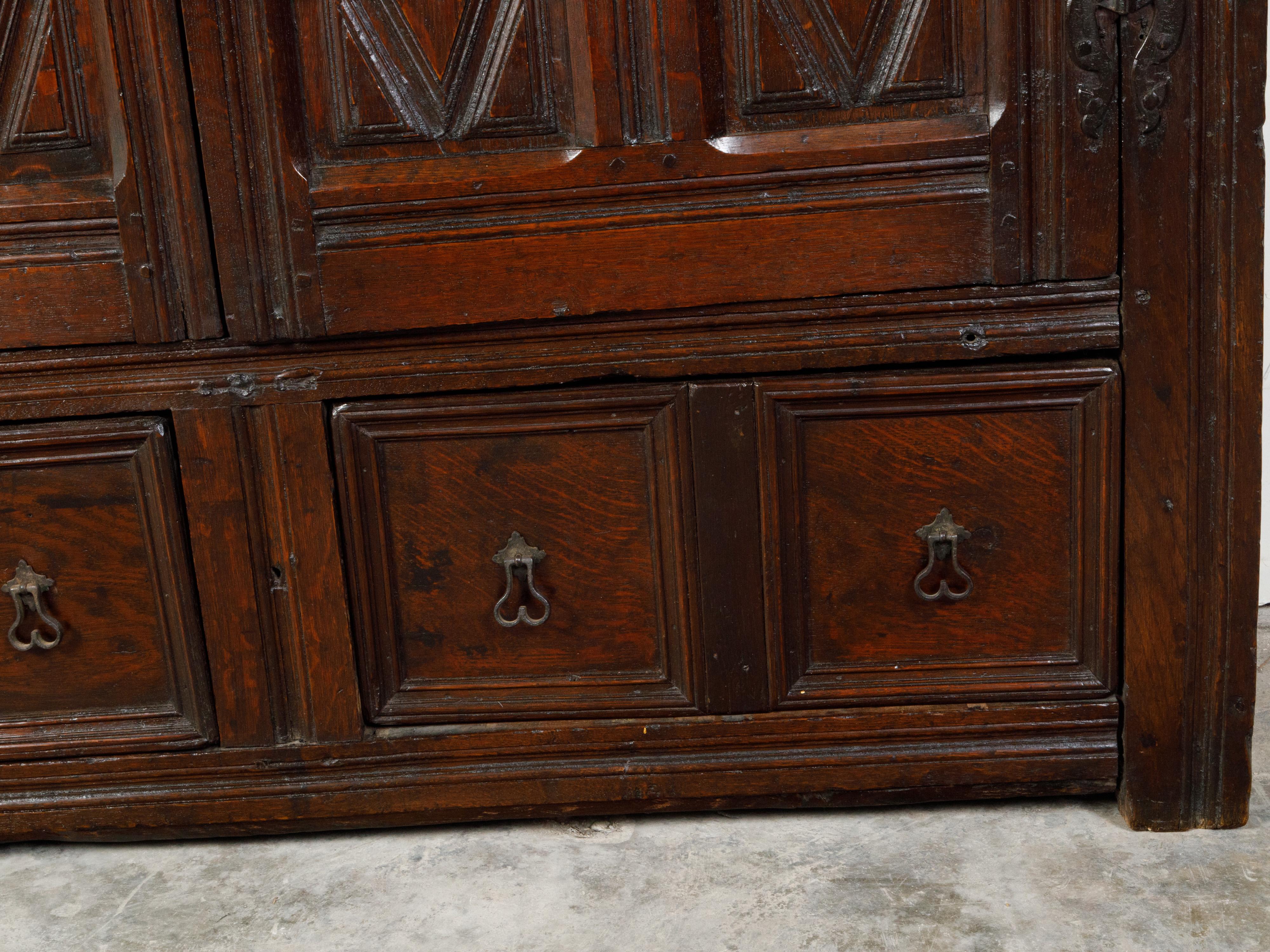 English 1800s Wooden Court Cupboard with Doors, Drawers and Diamond Motifs For Sale 7