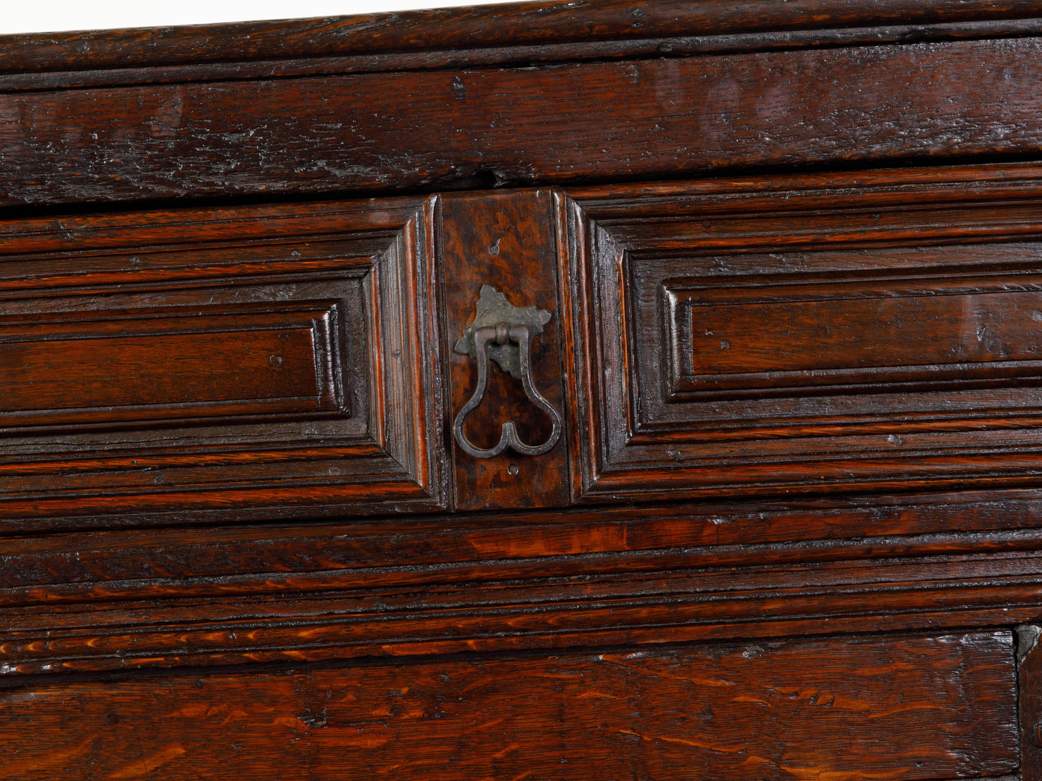 English 1800s Wooden Court Cupboard with Doors, Drawers and Diamond Motifs For Sale 8