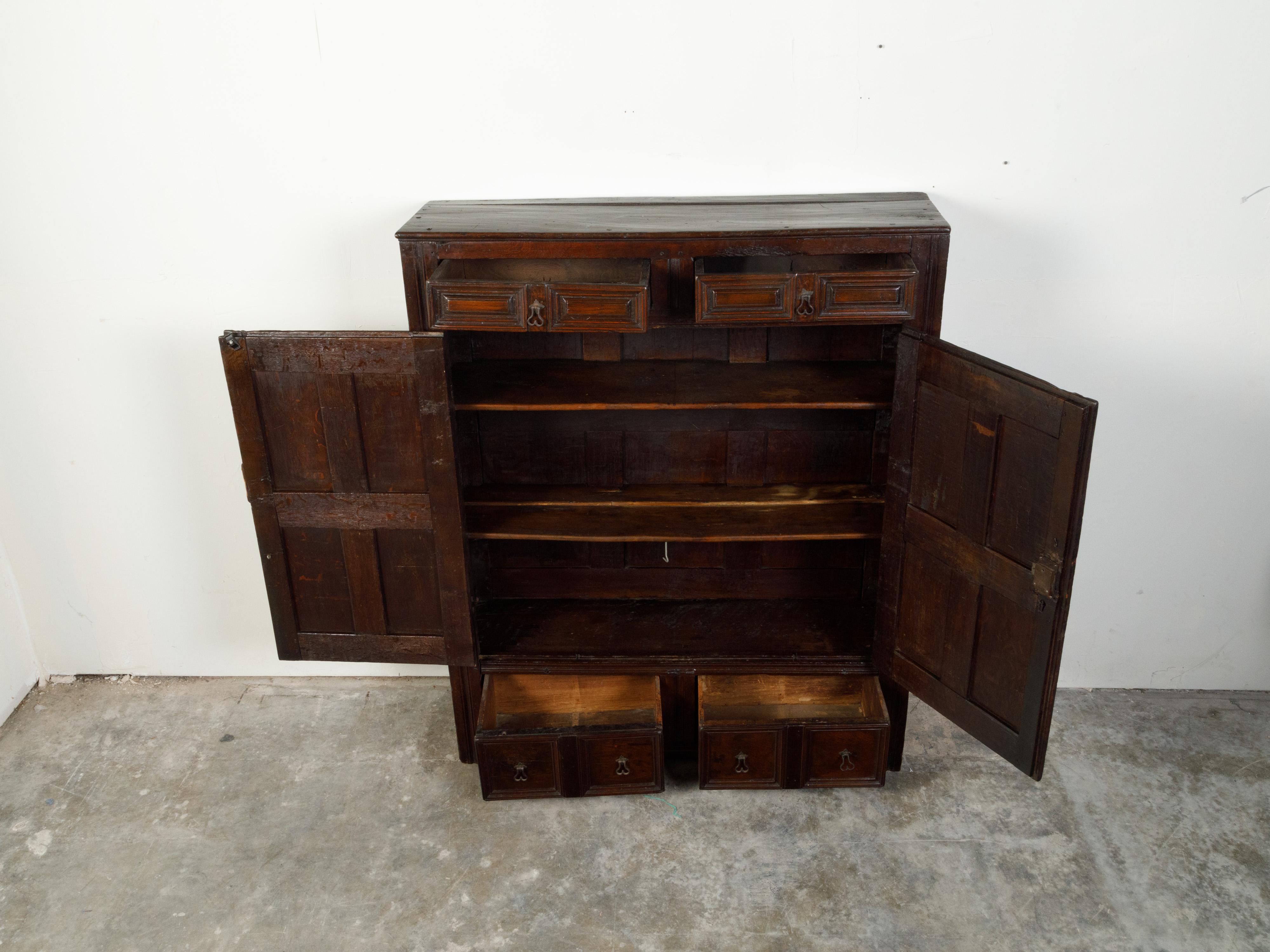 Carved English 1800s Wooden Court Cupboard with Doors, Drawers and Diamond Motifs For Sale