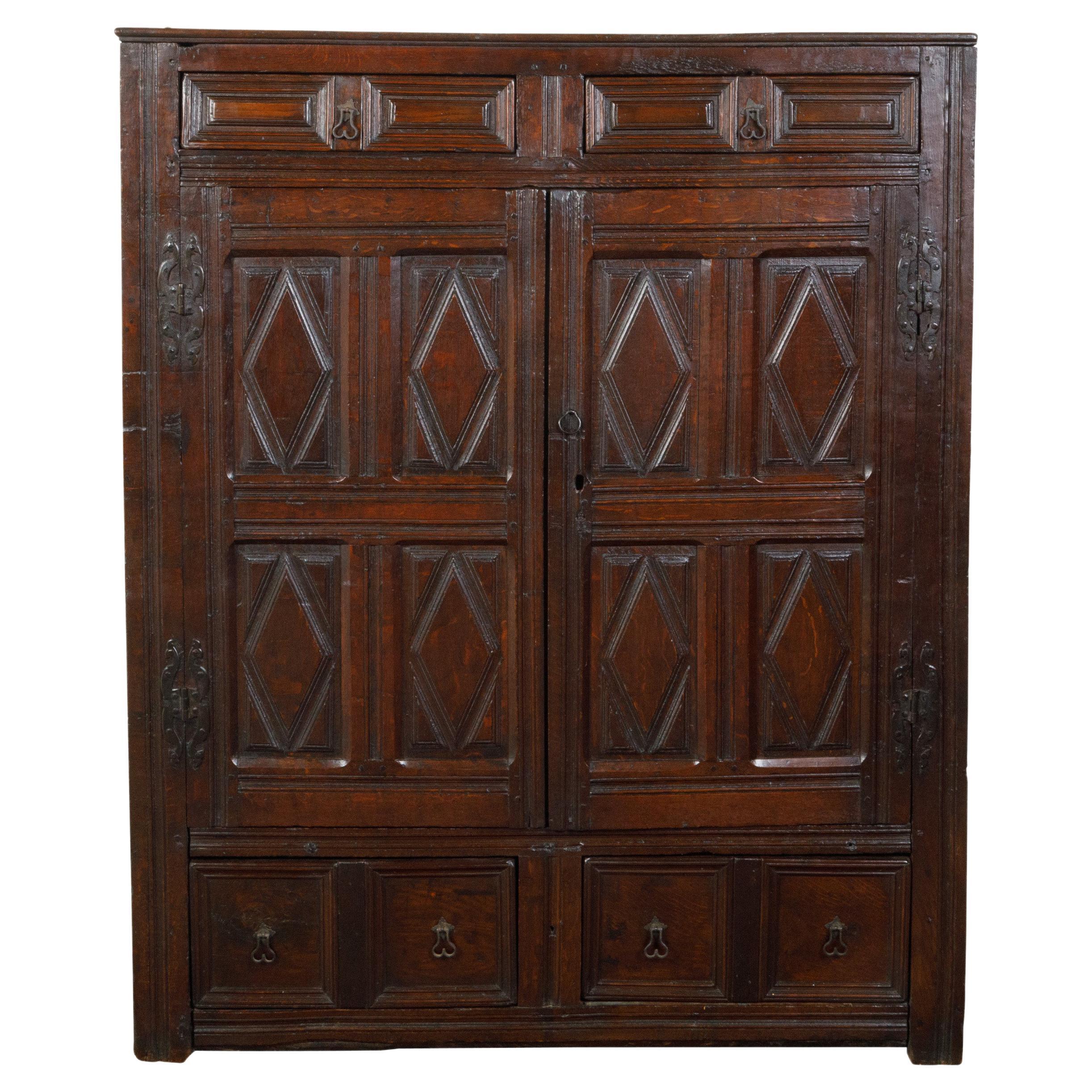 English 1800s Wooden Court Cupboard with Doors, Drawers and Diamond Motifs For Sale
