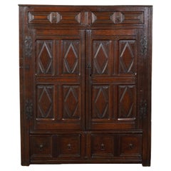 English 1800s Wooden Court Cupboard with Doors, Drawers and Diamond Motifs