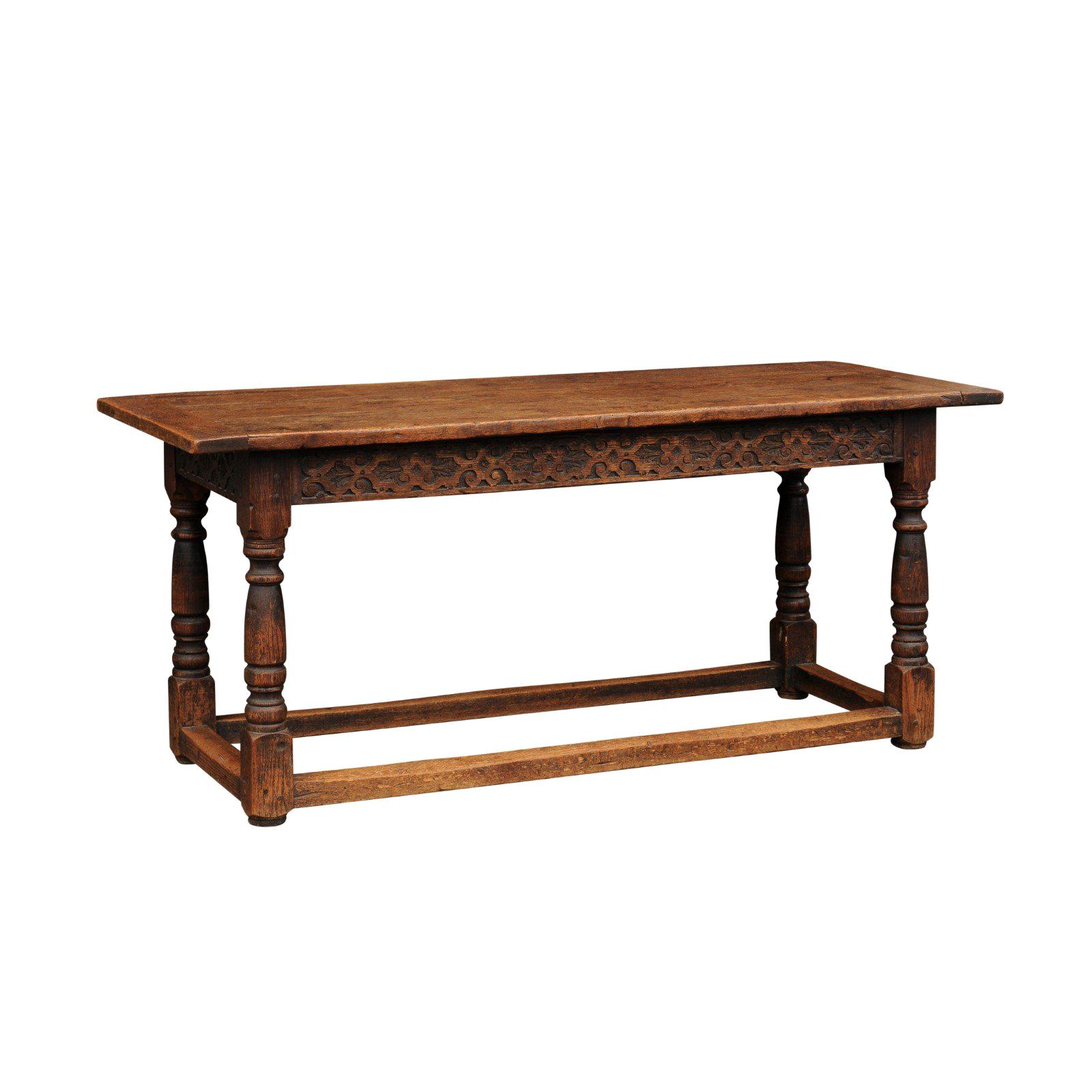 English 1810s George III Oak Library Table with Baluster Legs and Carved Apron
