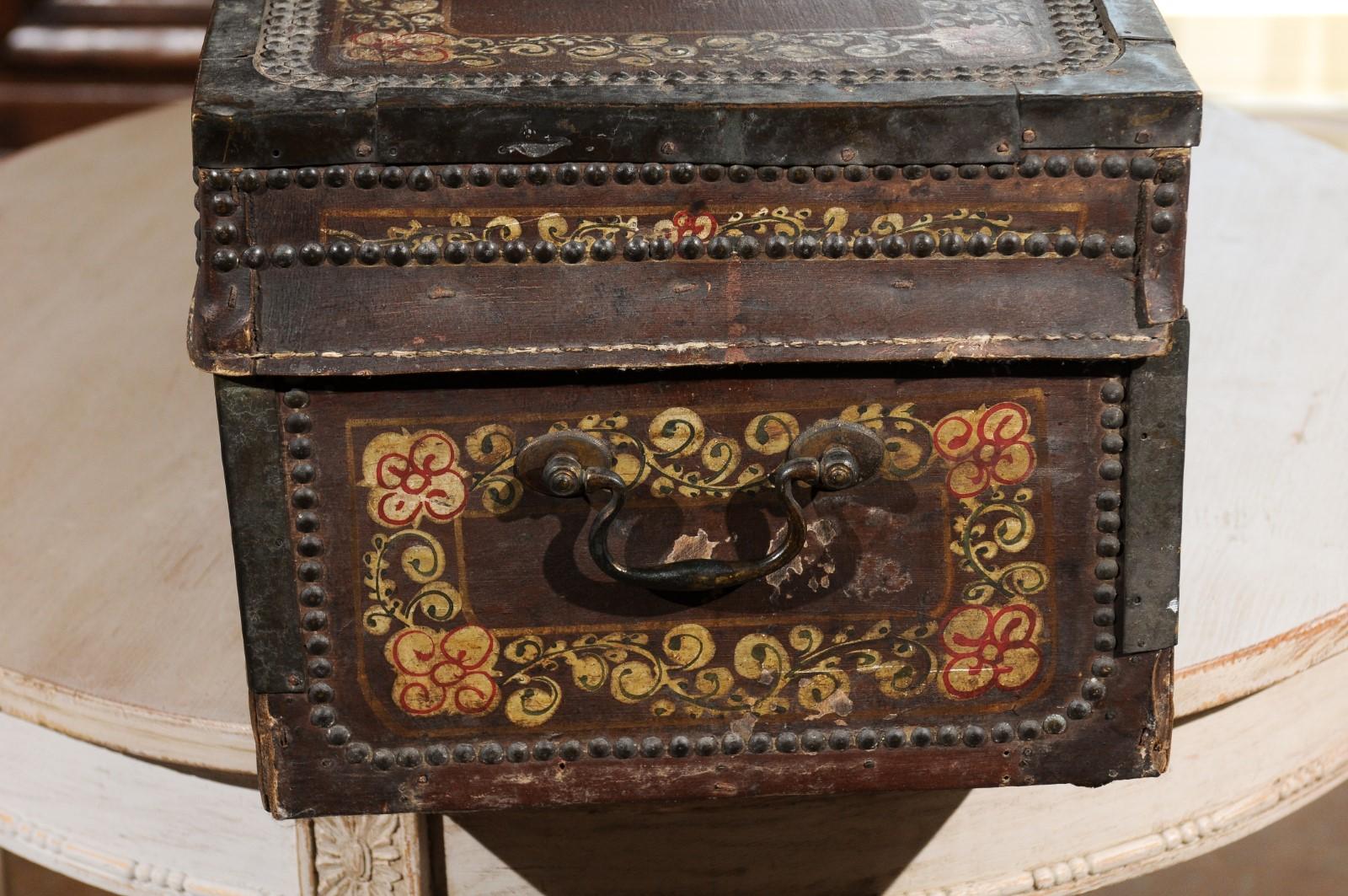 English 1815 Regency Camphor Wood and Leather Trunk with Painted Floral Decor 5