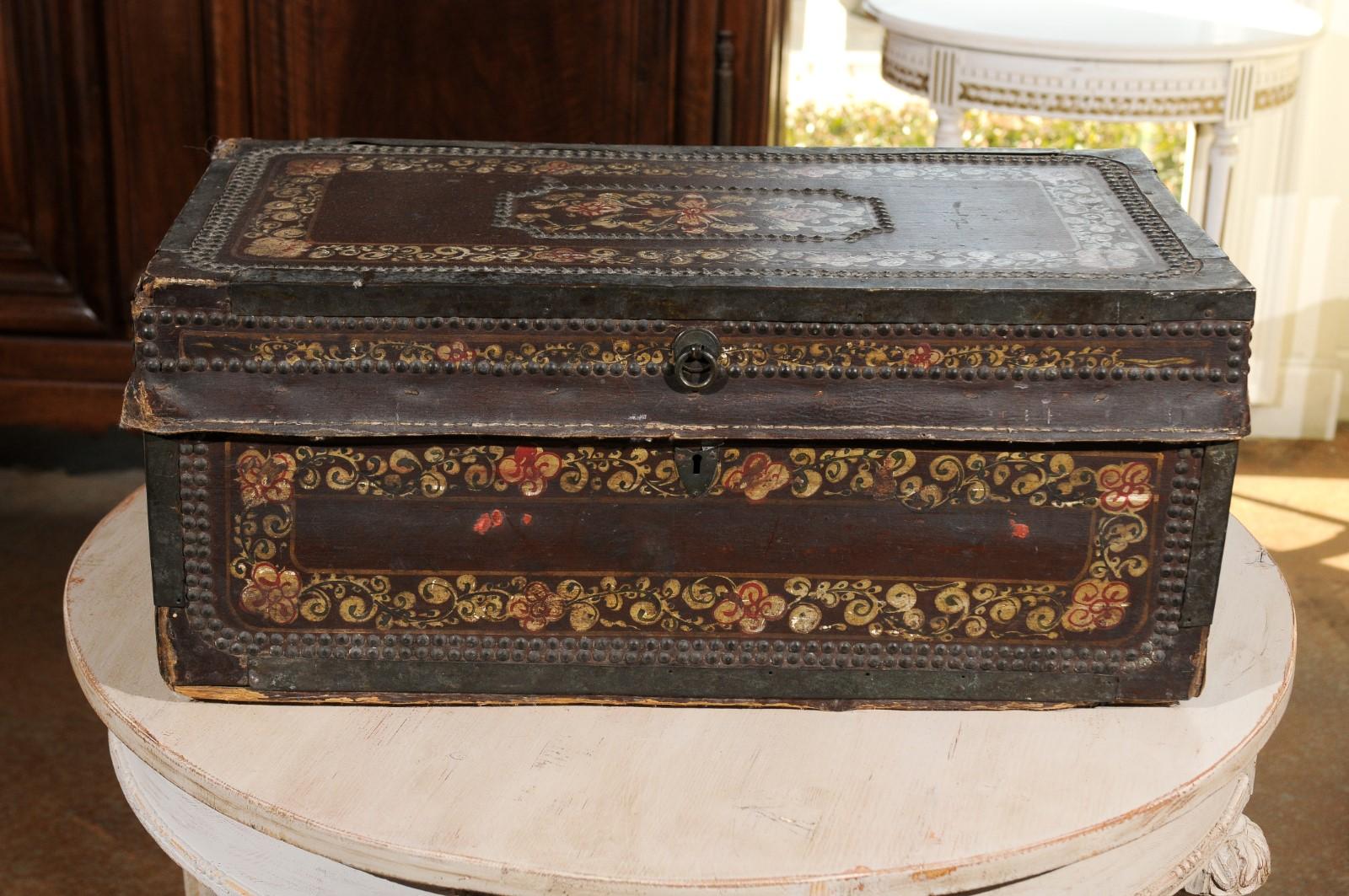 English 1815 Regency Camphor Wood and Leather Trunk with Painted Floral Decor 1