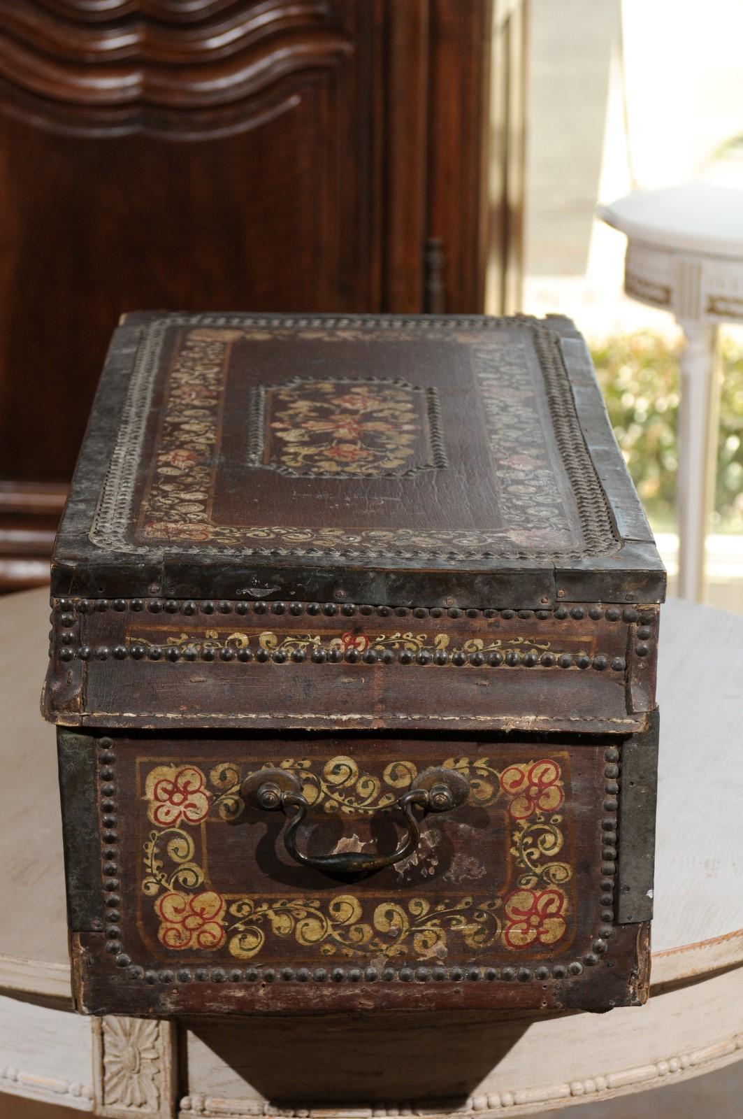 English 1815 Regency Camphor Wood and Leather Trunk with Painted Floral Decor 4