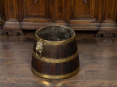 English 1820s Georgian Bucket with Brass Lion Head Ring Pulls and Rustic Patina