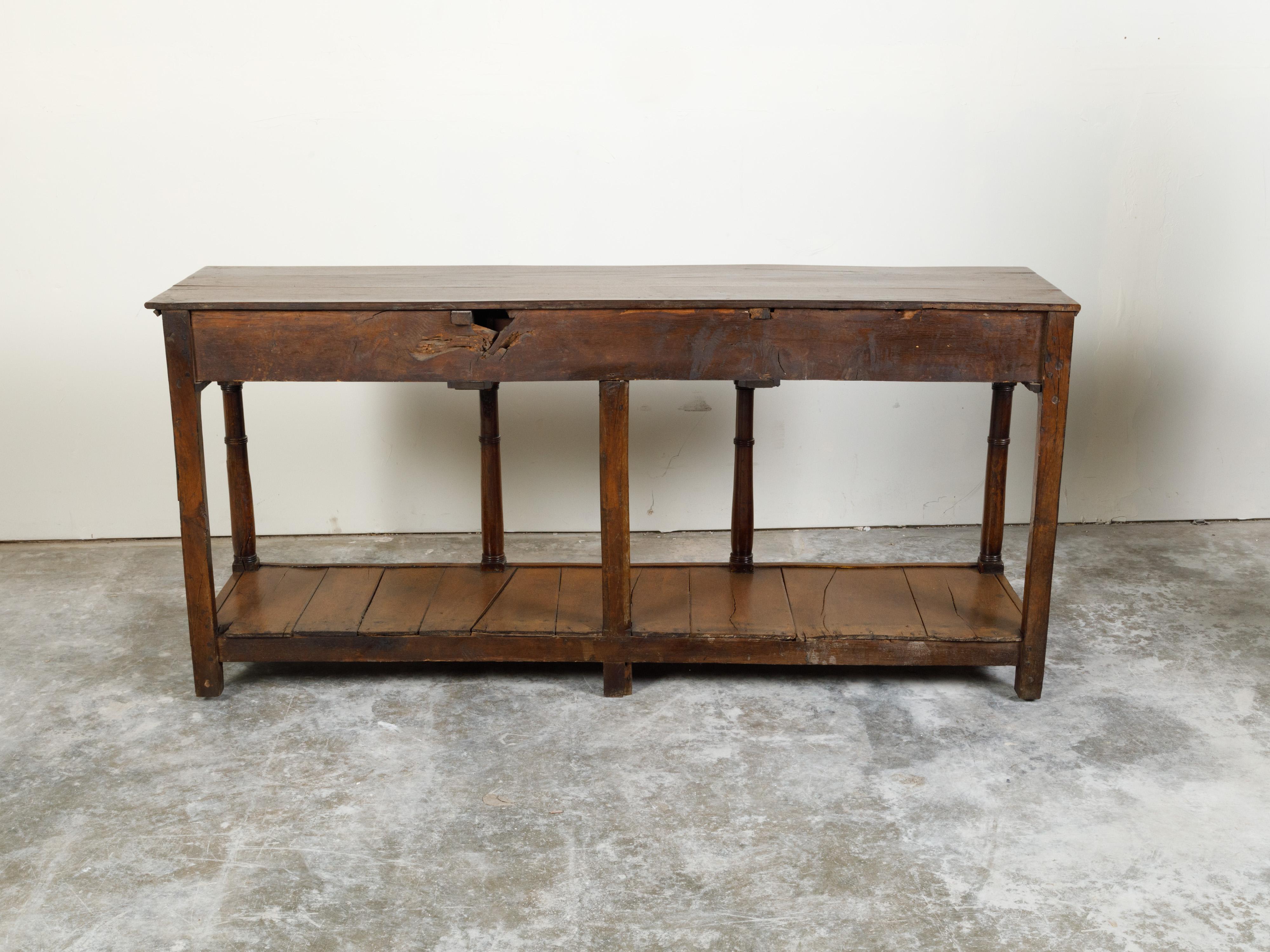 English 1820s Georgian Oak Dresser Base with Three Drawers and Pot Board Shelf 4