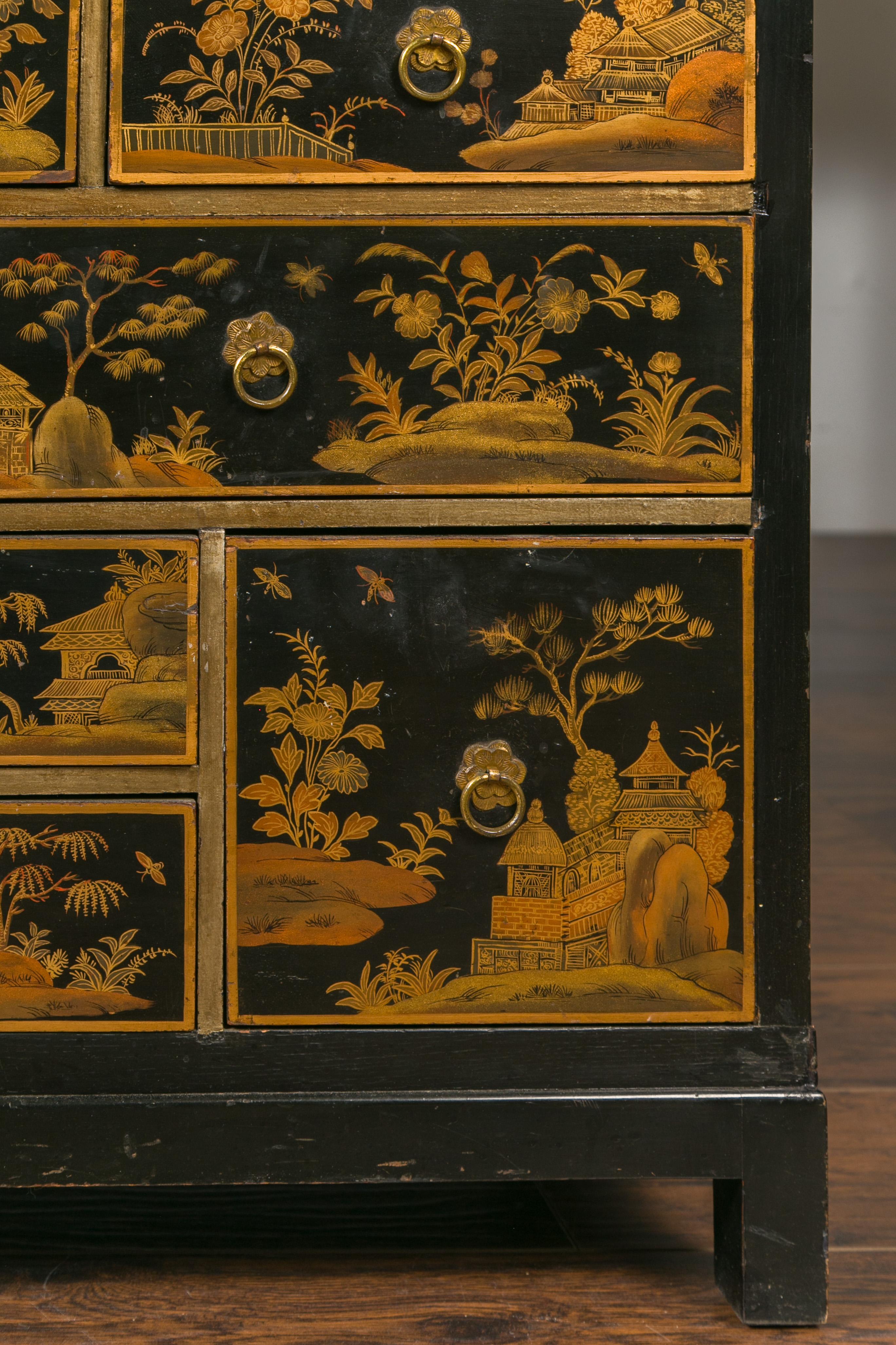 English 1820s Georgian Period Black and Gold Chinoiserie Chest with Stone Top For Sale 2