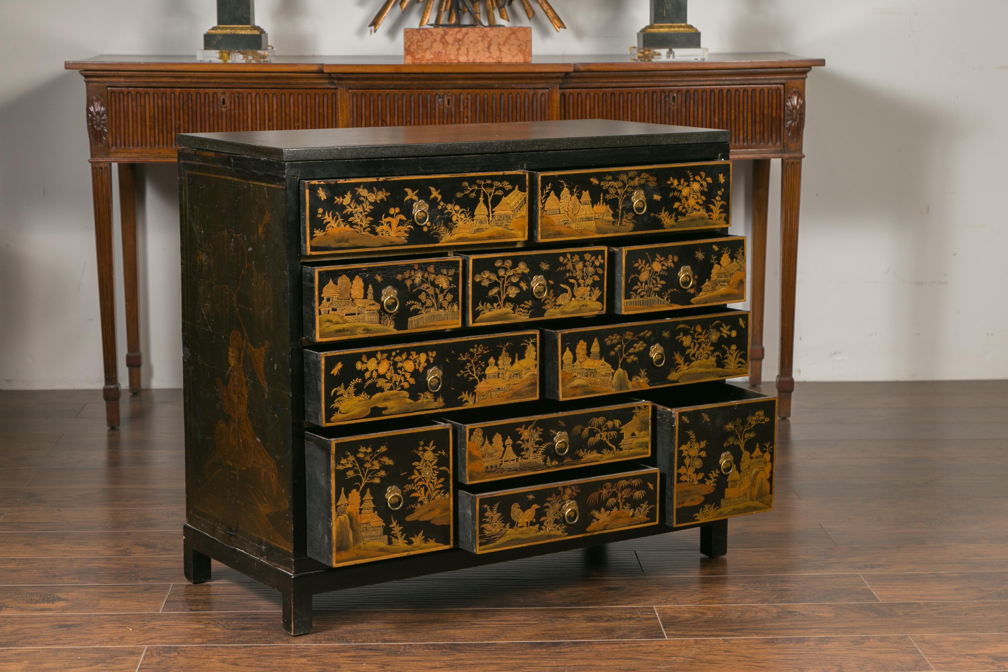 English 1820s Georgian Period Black and Gold Chinoiserie Chest with Stone Top For Sale 3