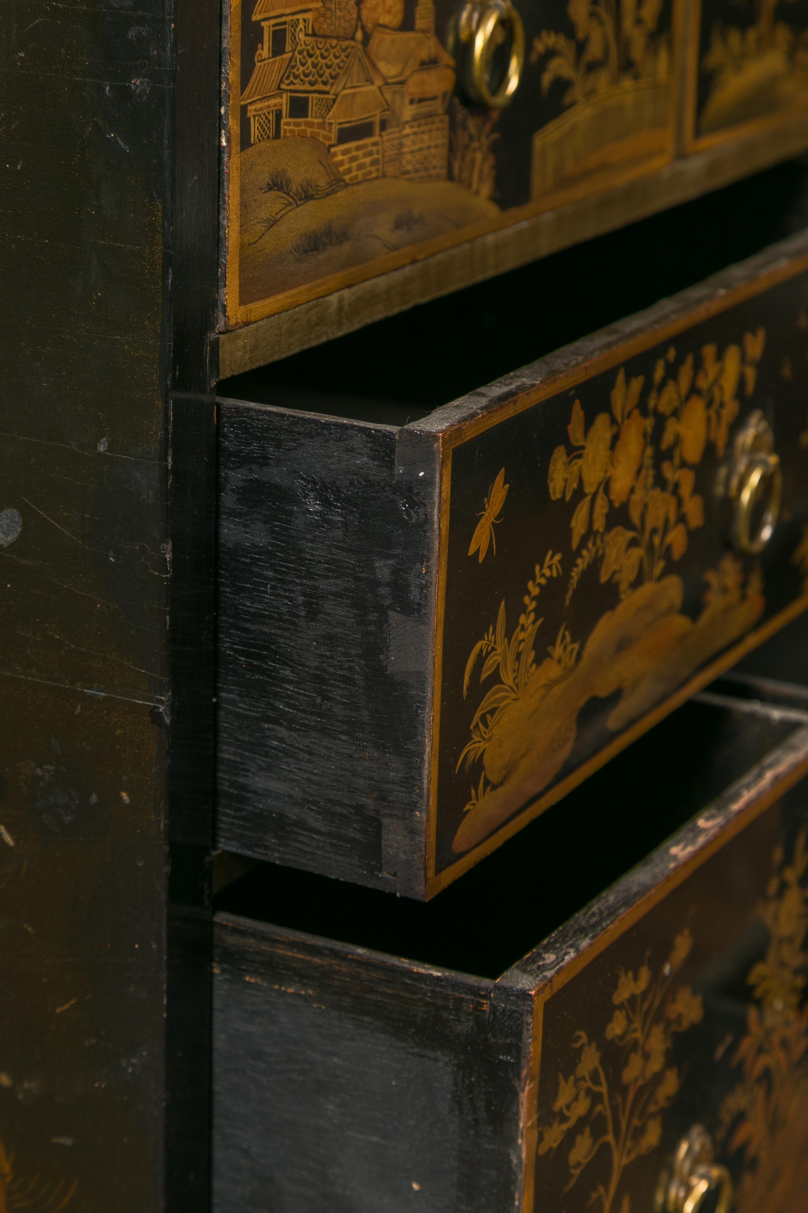 English 1820s Georgian Period Black and Gold Chinoiserie Chest with Stone Top For Sale 4