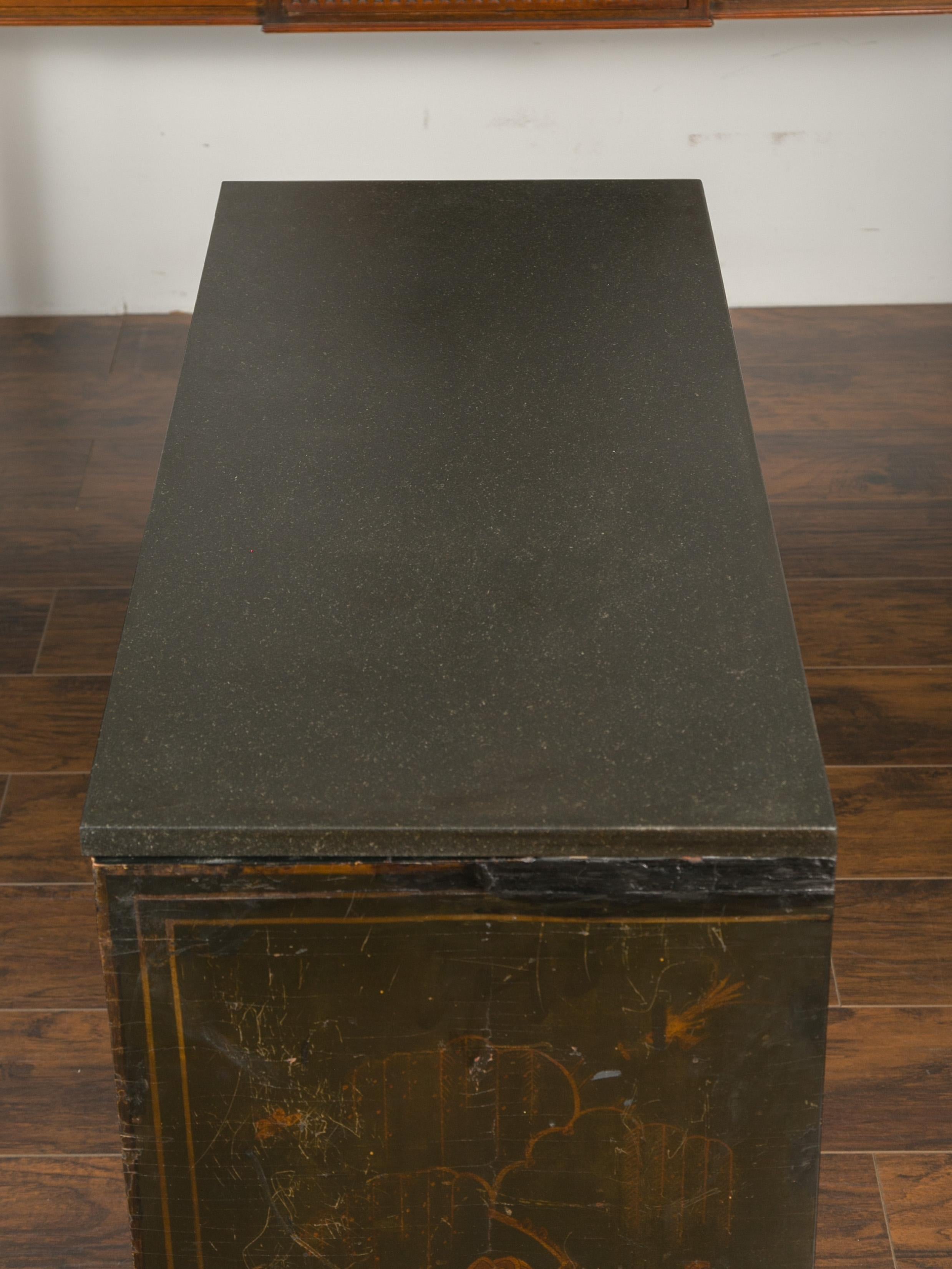 English 1820s Georgian Period Black and Gold Chinoiserie Chest with Stone Top For Sale 7