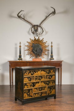 English 1820s Georgian Period Black and Gold Chinoiserie Chest with Stone Top