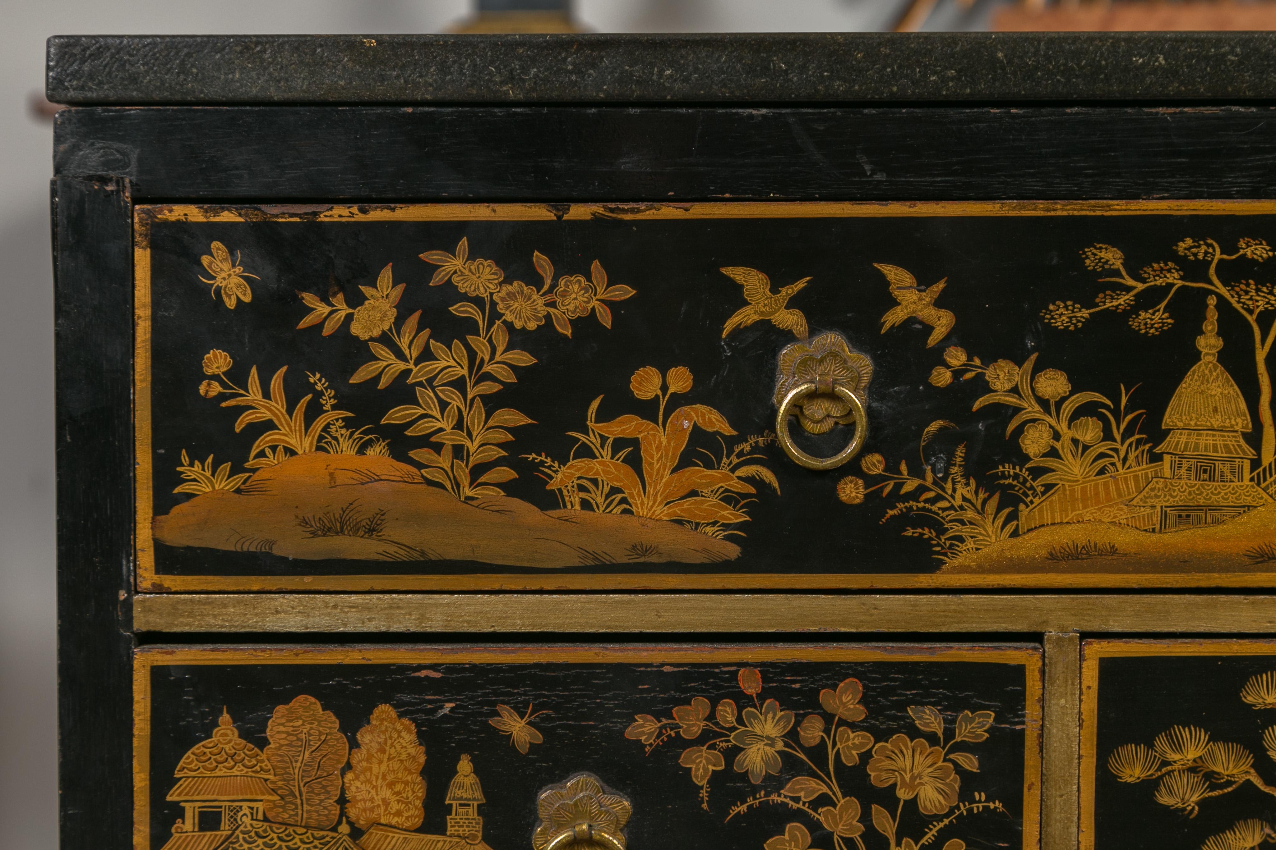 Gilt English 1820s Georgian Period Black and Gold Chinoiserie Chest with Stone Top For Sale