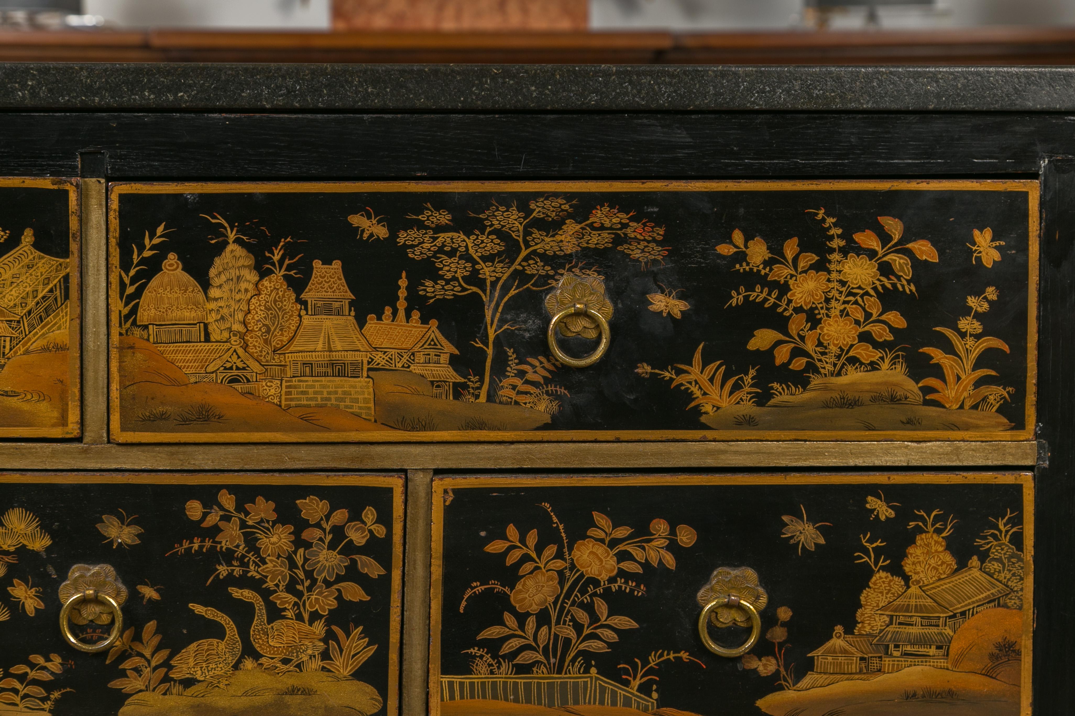 English 1820s Georgian Period Black and Gold Chinoiserie Chest with Stone Top In Good Condition For Sale In Atlanta, GA