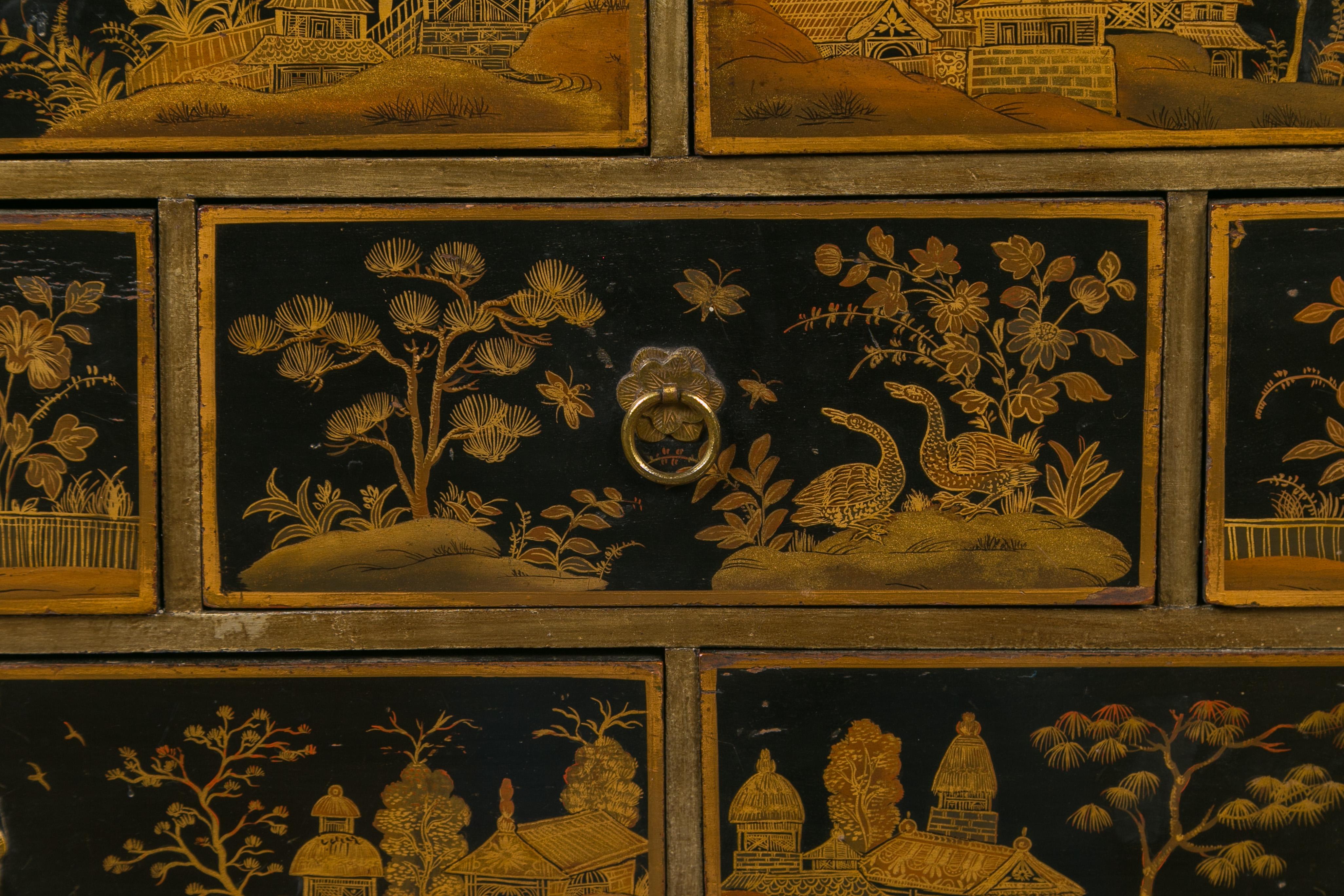 19th Century English 1820s Georgian Period Black and Gold Chinoiserie Chest with Stone Top For Sale