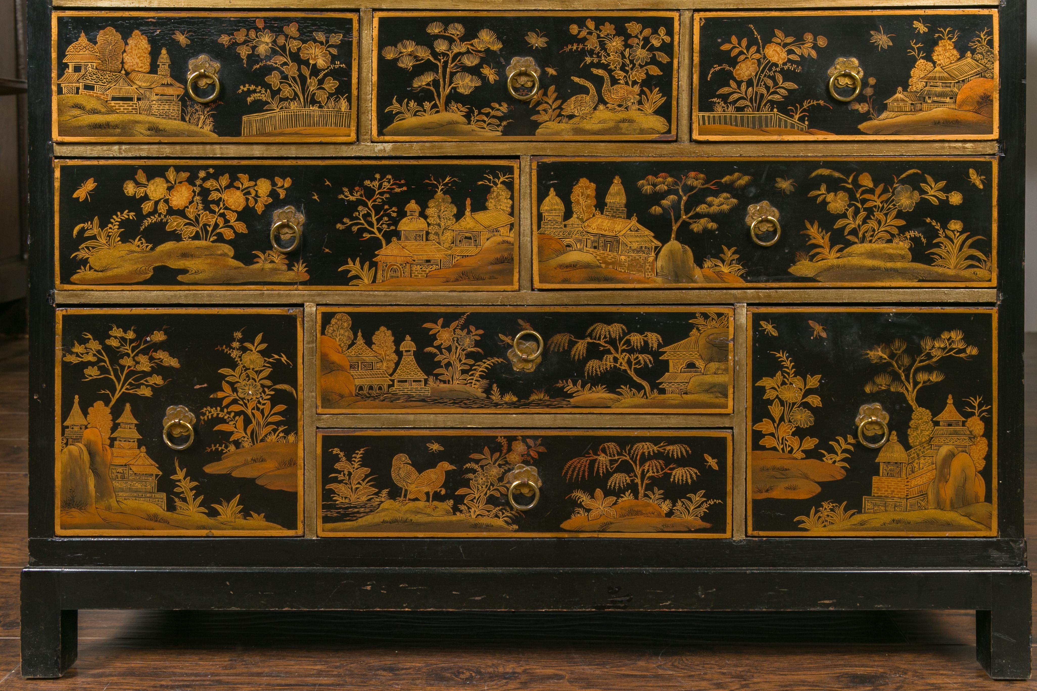 Wood English 1820s Georgian Period Black and Gold Chinoiserie Chest with Stone Top For Sale