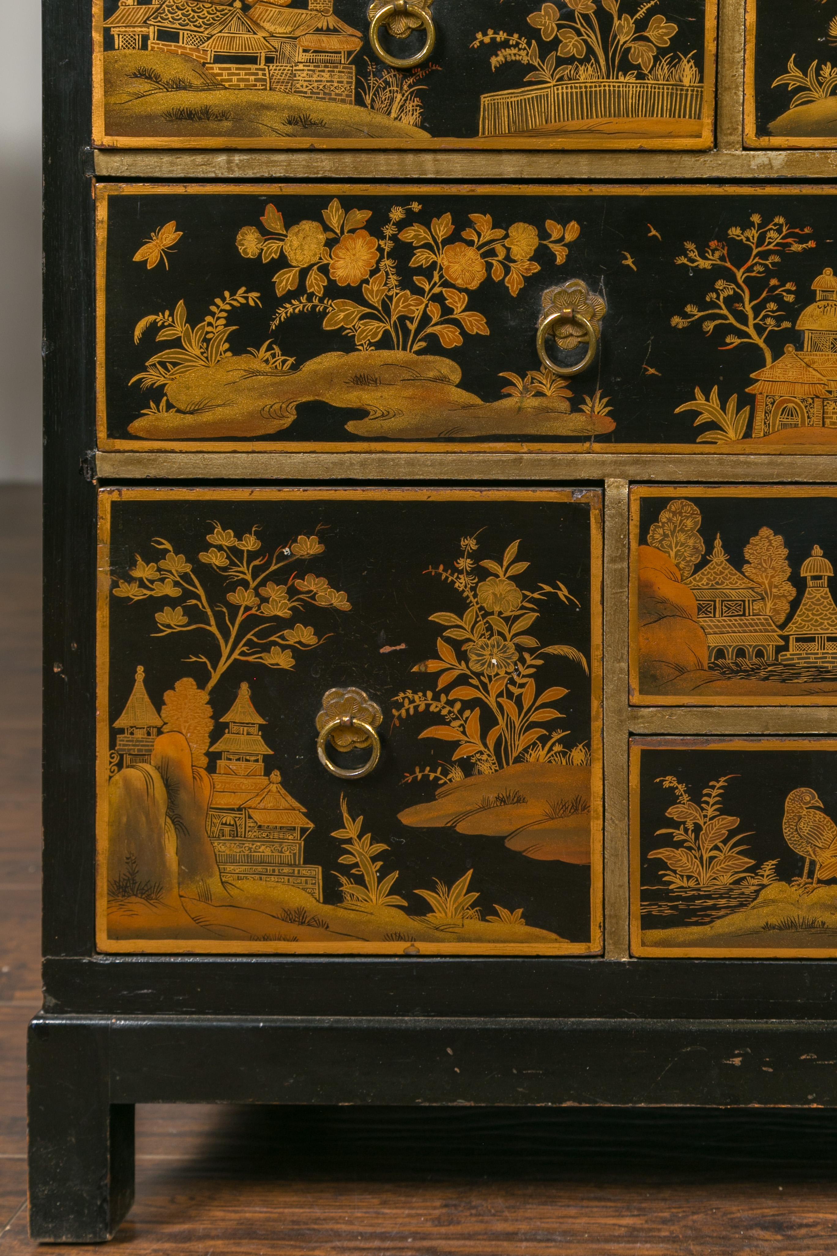 English 1820s Georgian Period Black and Gold Chinoiserie Chest with Stone Top For Sale 1