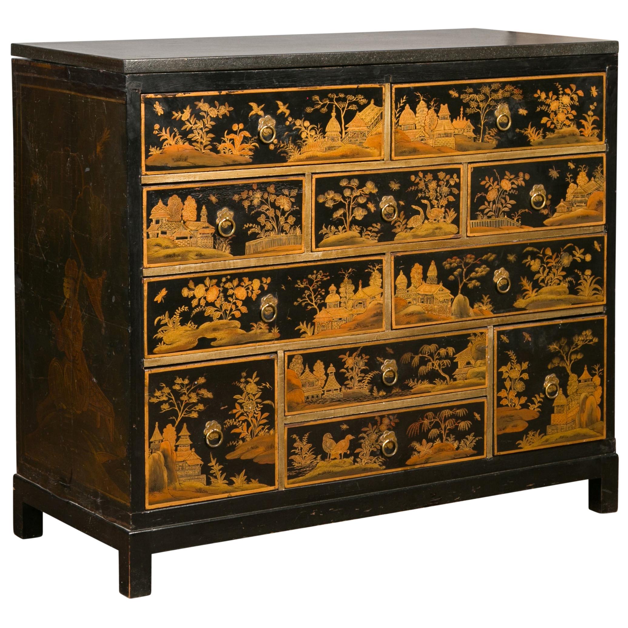English 1820s Georgian Period Black and Gold Chinoiserie Chest with Stone Top For Sale