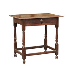 English Georgian Period Oak Side Table with Single Drawer and Turned Base, 1820s