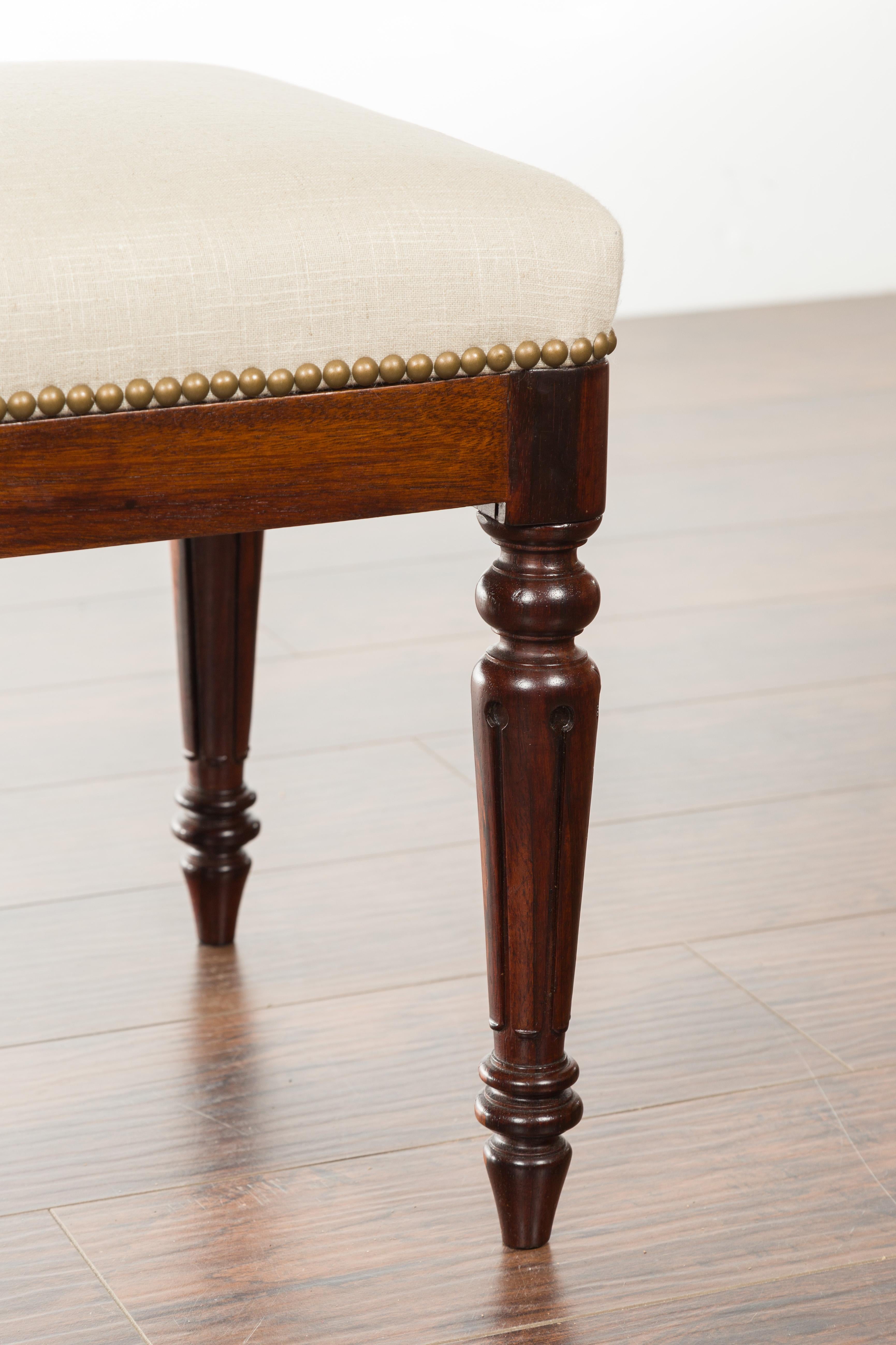 English 1820s Georgian Period Rosewood Bench with Turned Legs and New Upholstery 5