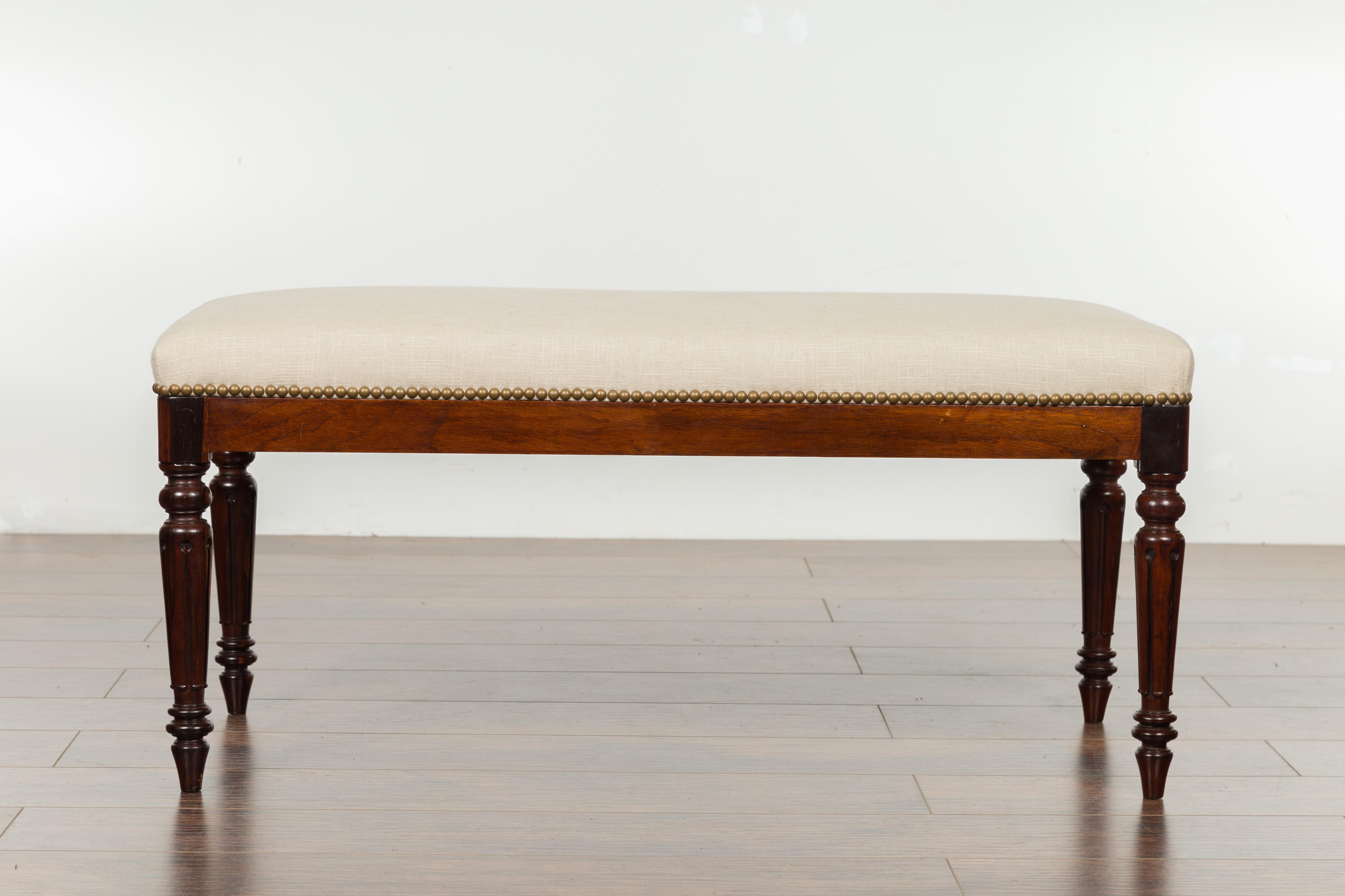 English 1820s Georgian Period Rosewood Bench with Turned Legs and New Upholstery 7