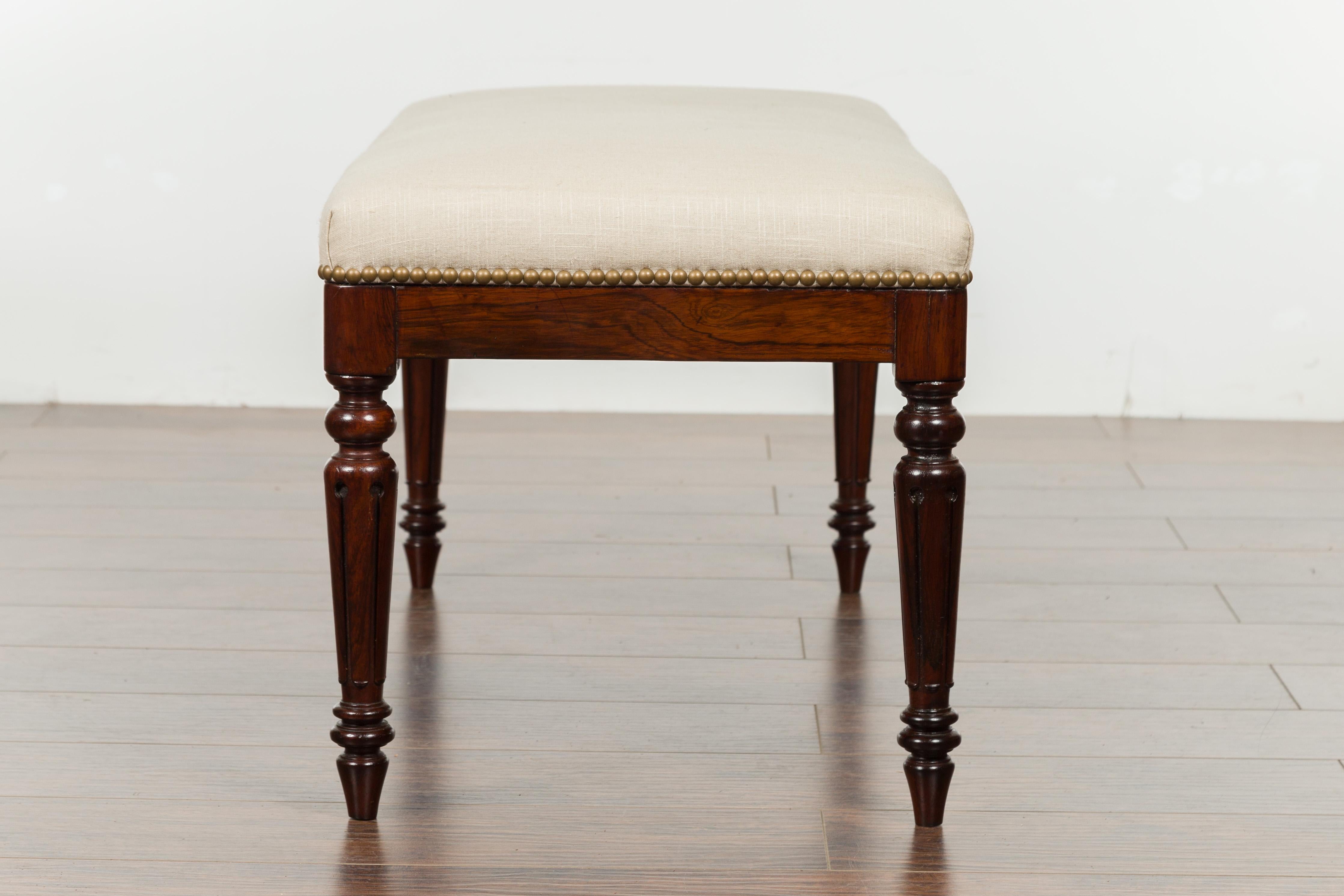 English 1820s Georgian Period Rosewood Bench with Turned Legs and New Upholstery 8