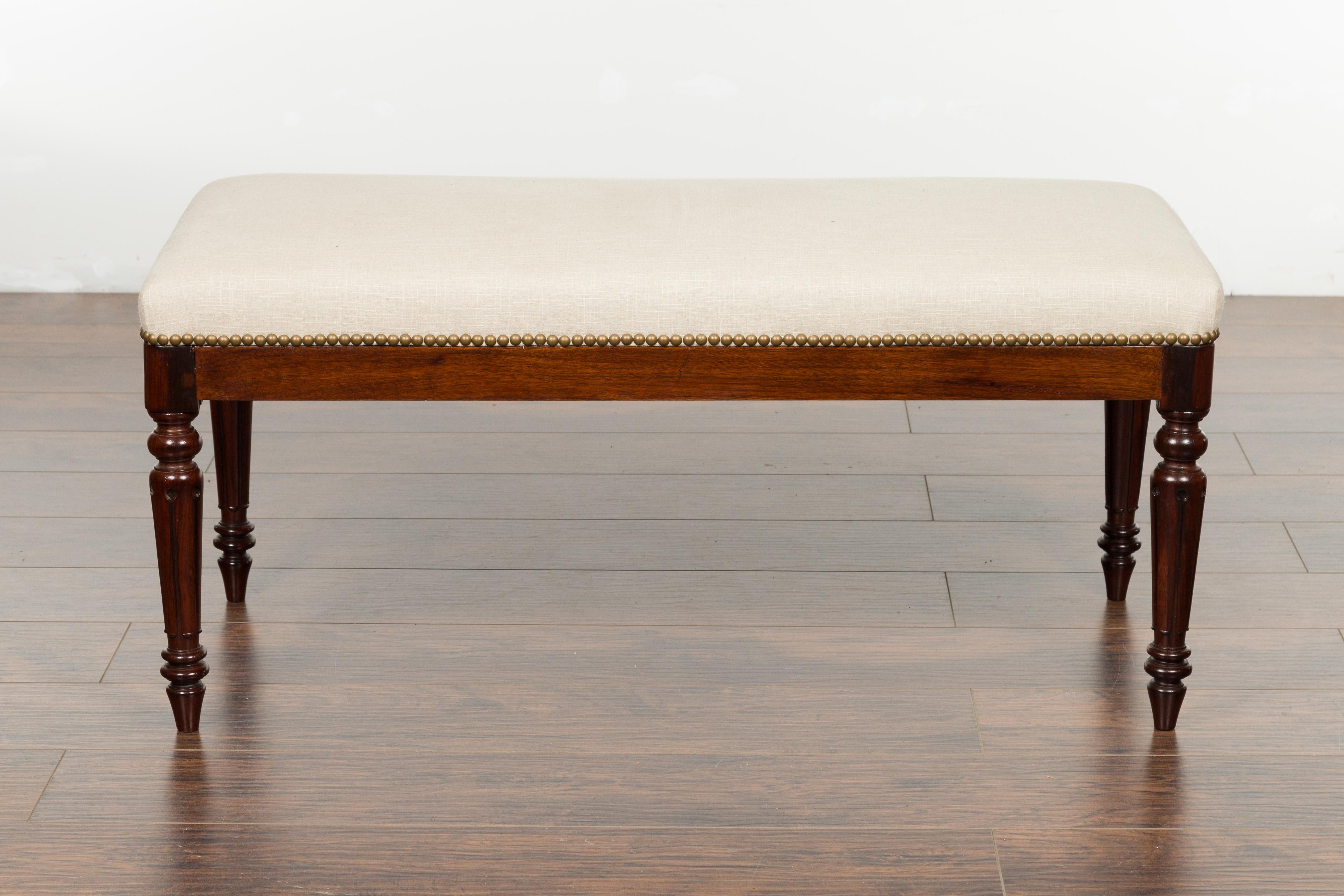 19th Century English 1820s Georgian Period Rosewood Bench with Turned Legs and New Upholstery