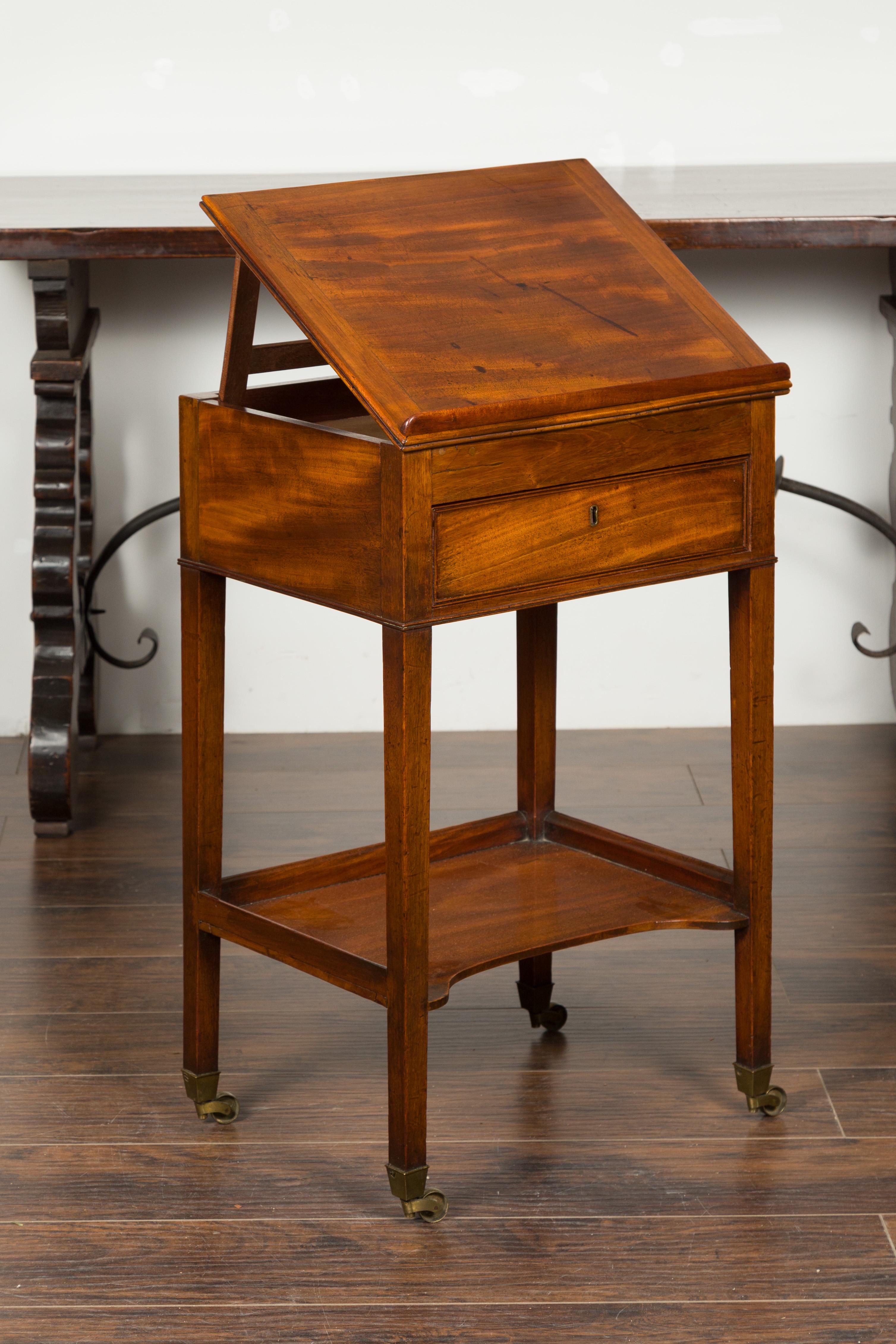 19th Century English 1820s Mahogany Architect's Table with Tilt Top, Single Drawer and Shelf