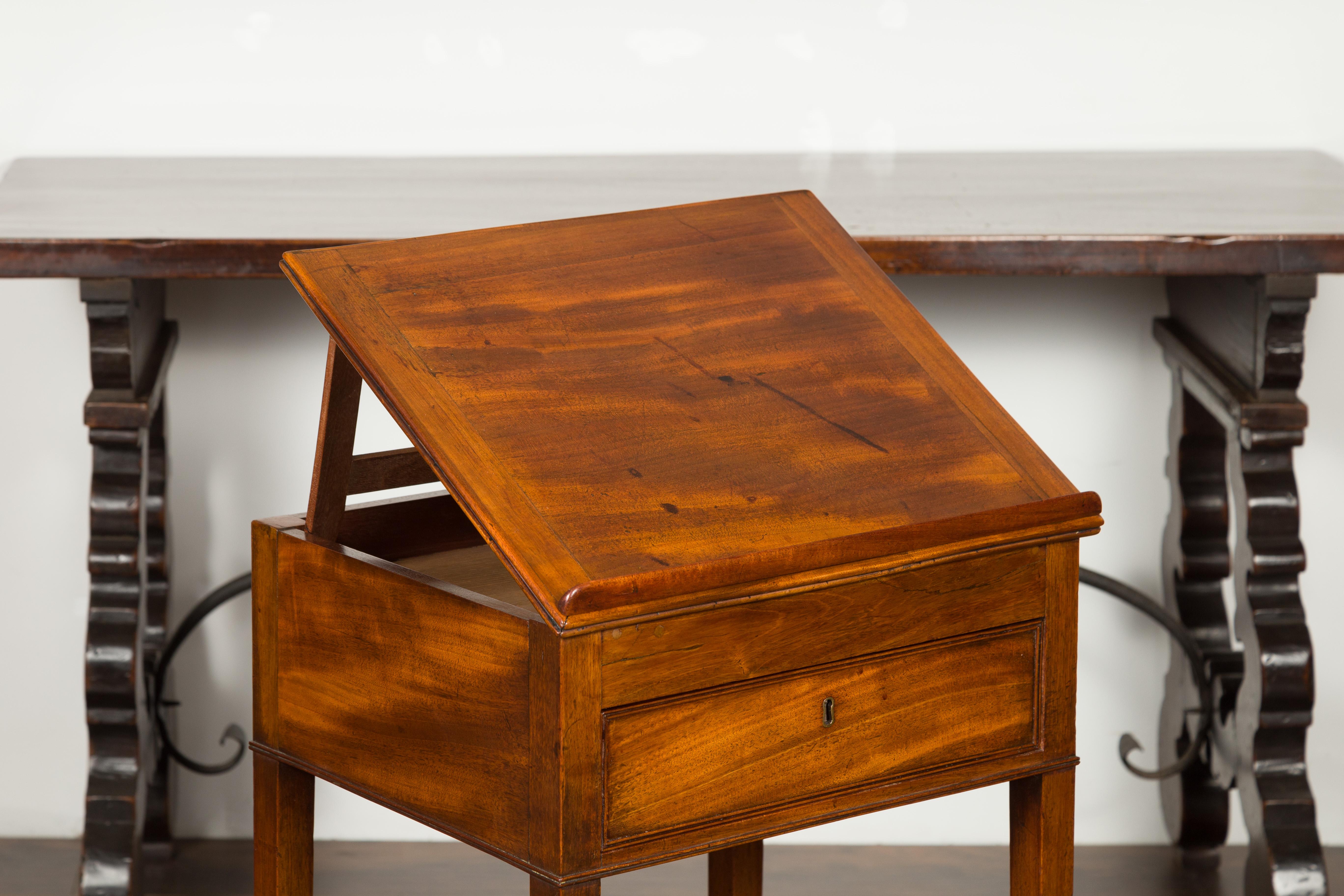 English 1820s Mahogany Architect's Table with Tilt Top, Single Drawer and Shelf 2