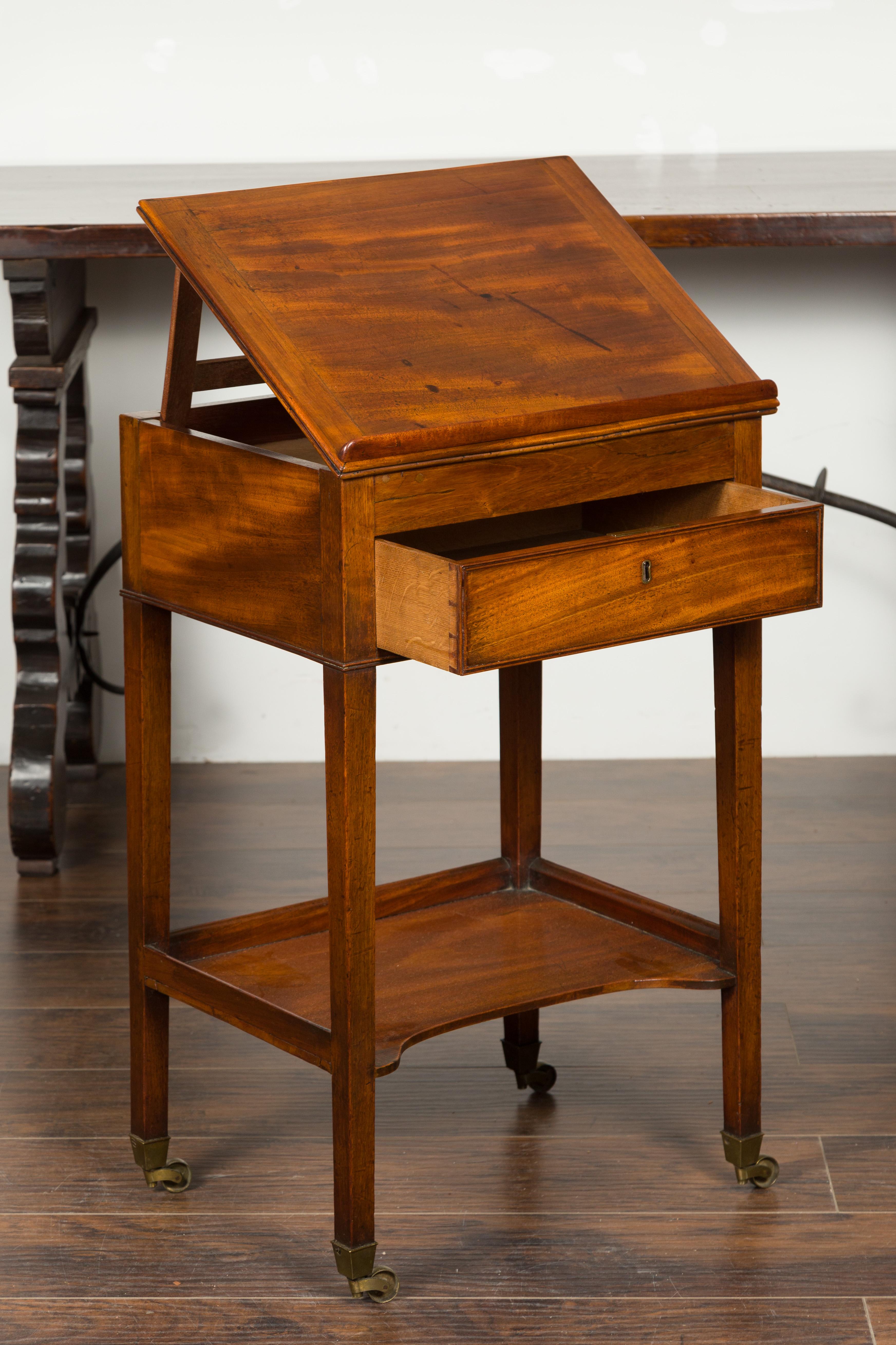English 1820s Mahogany Architect's Table with Tilt Top, Single Drawer and Shelf 4