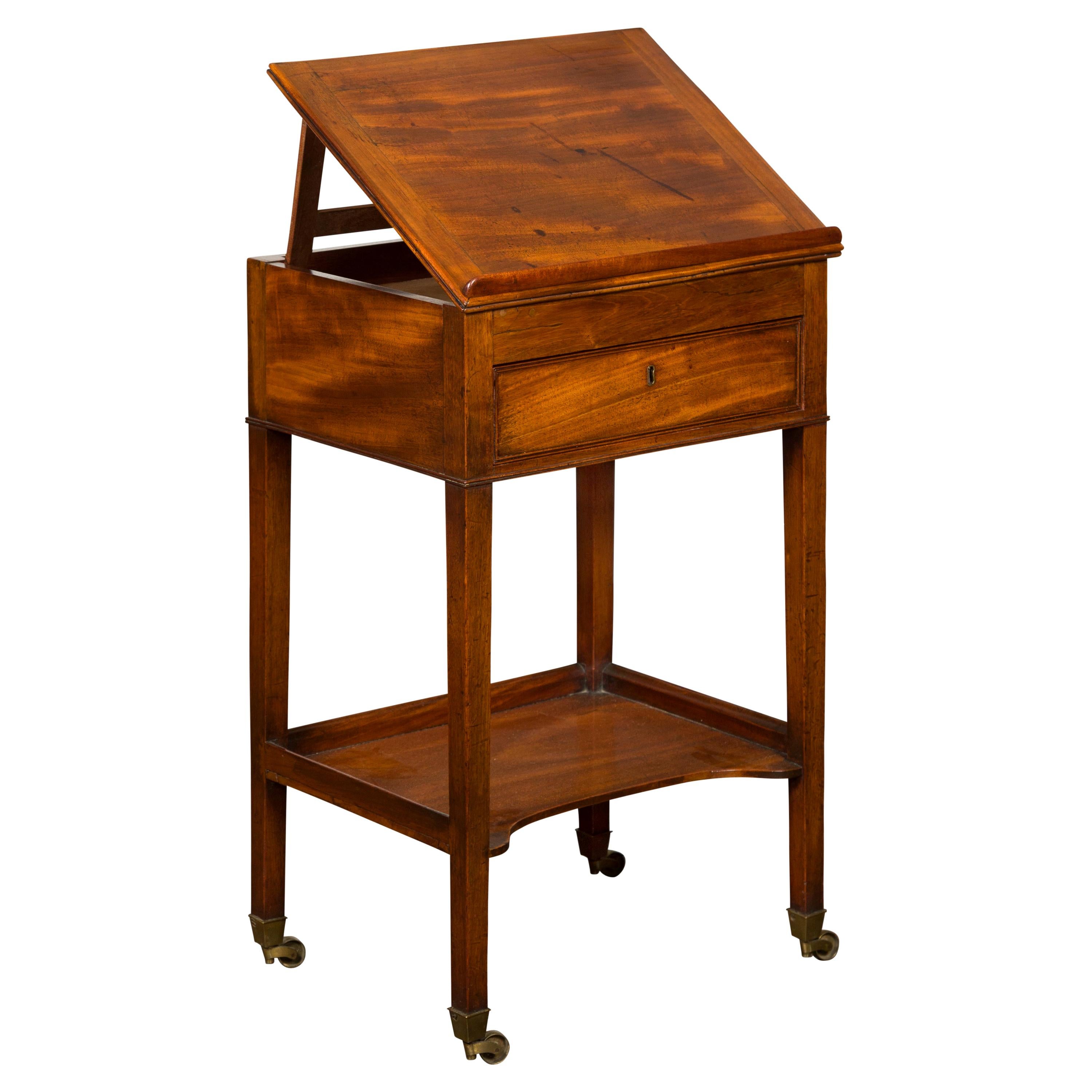 English 1820s Mahogany Architect's Table with Tilt Top, Single Drawer and Shelf