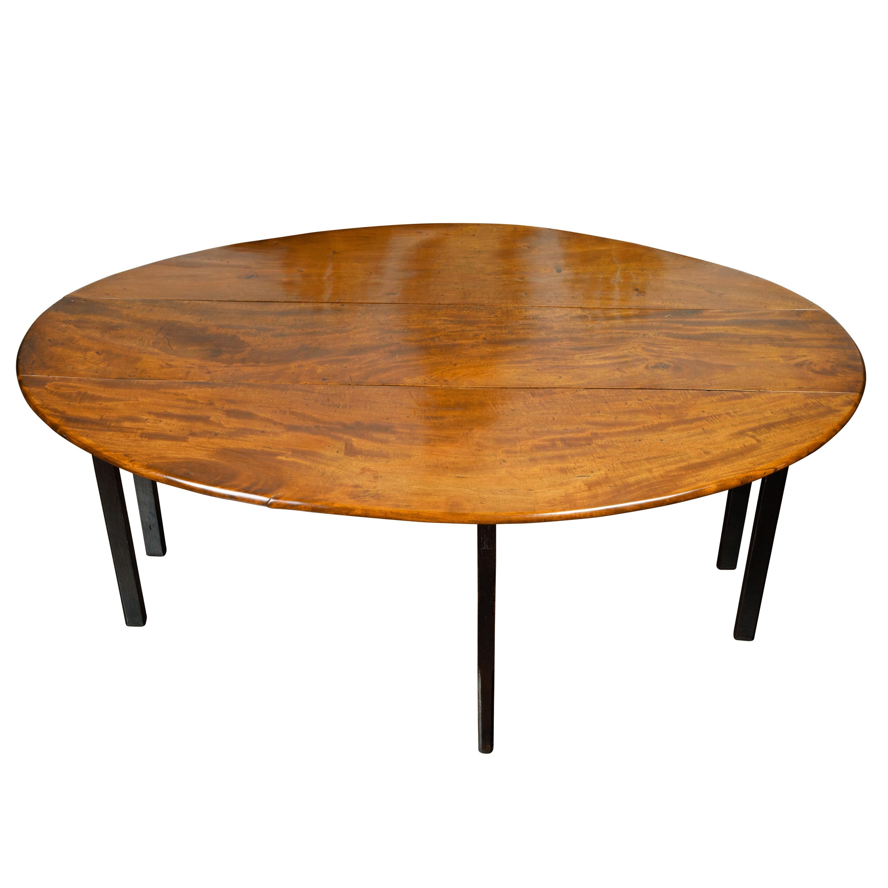 English 1820s Mahogany Drop Leaf Dining Table with Oval Top and Ebonized Legs