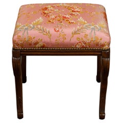 Antique English 1820s Mahogany Stool with Floral Themed Upholstery and Cabriole Legs