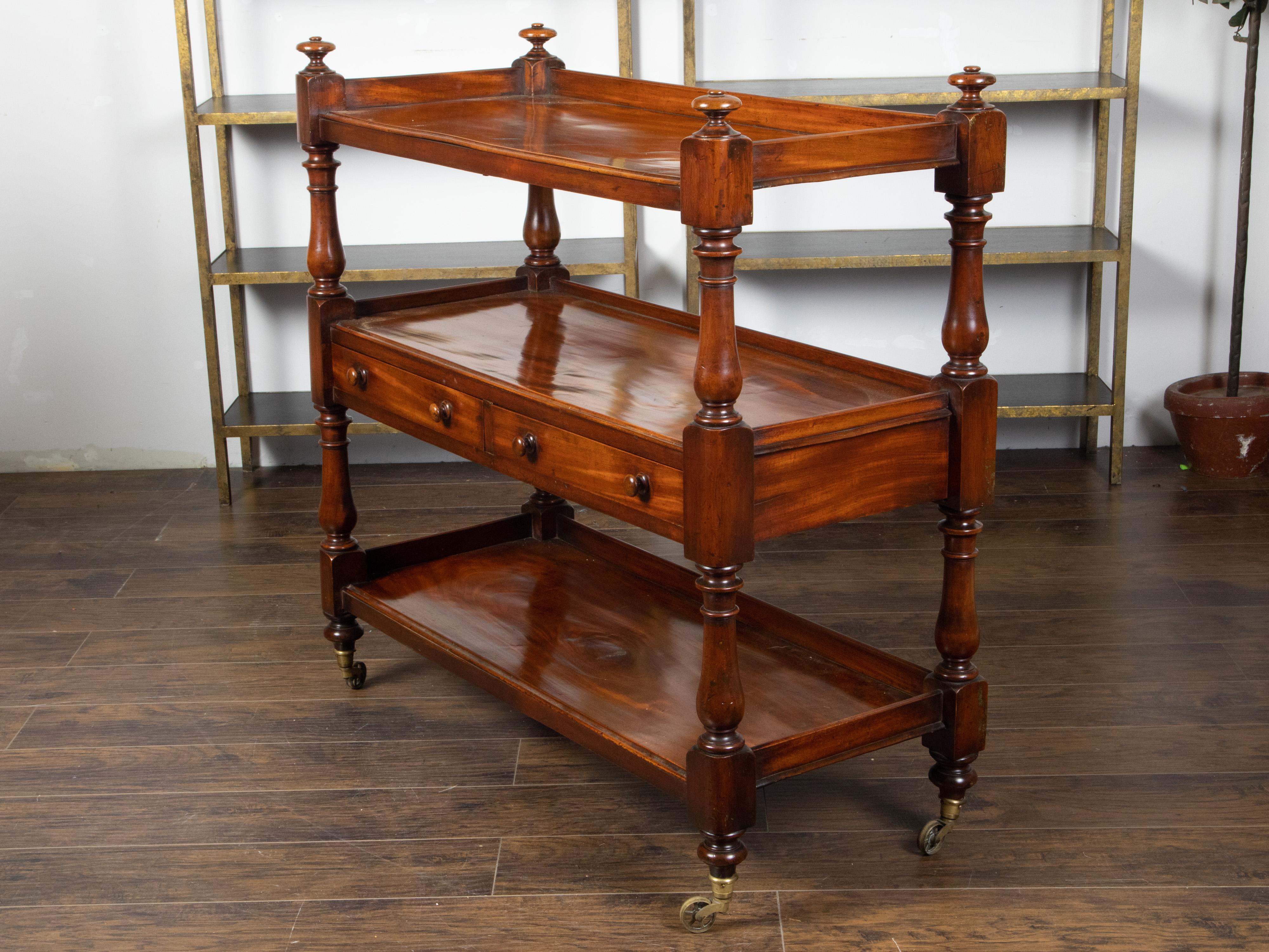 19th Century English 1820s Mahogany Trolley on Casters with Open Shelves and Two Drawers For Sale