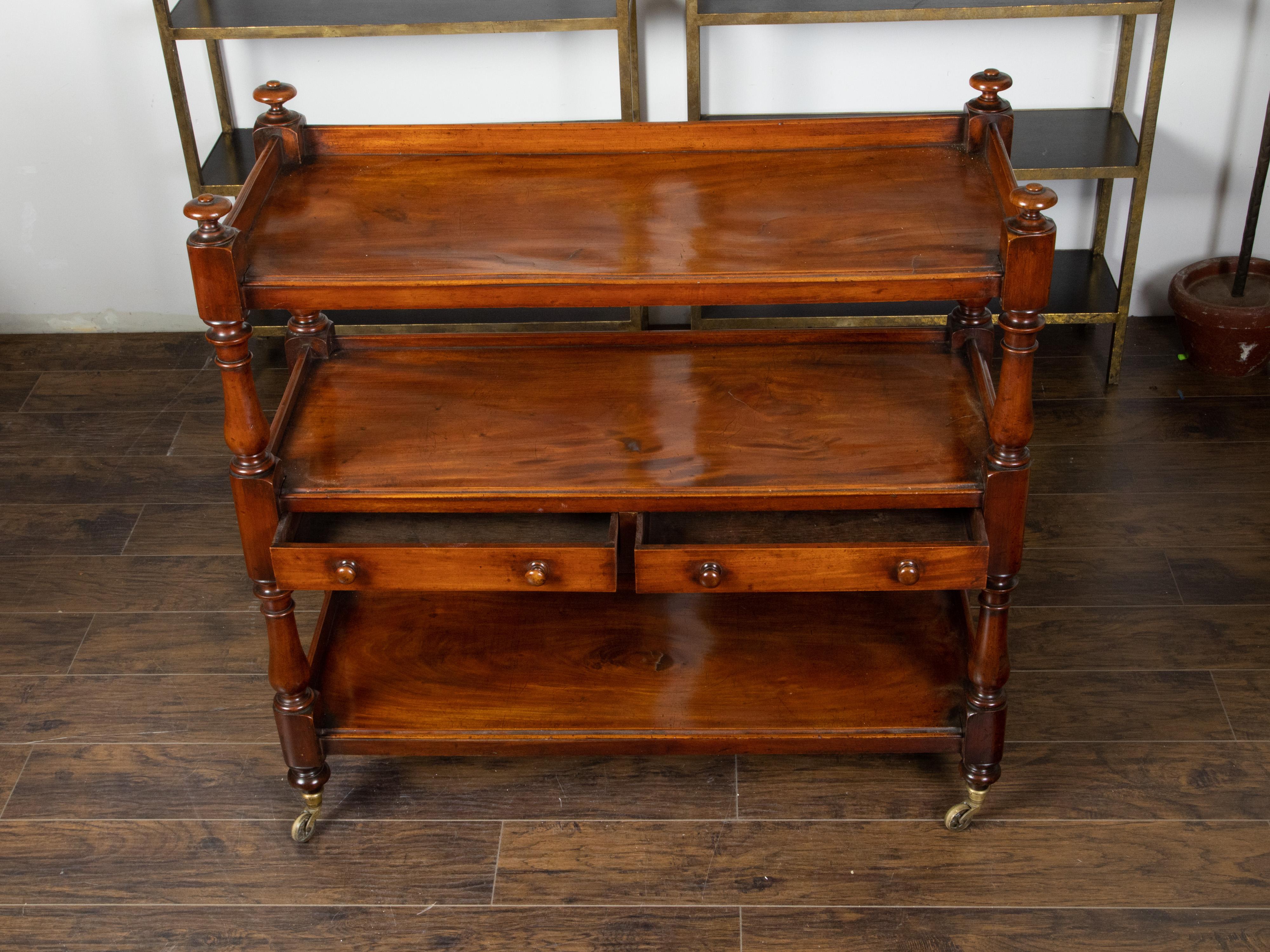 English 1820s Mahogany Trolley on Casters with Open Shelves and Two Drawers For Sale 1