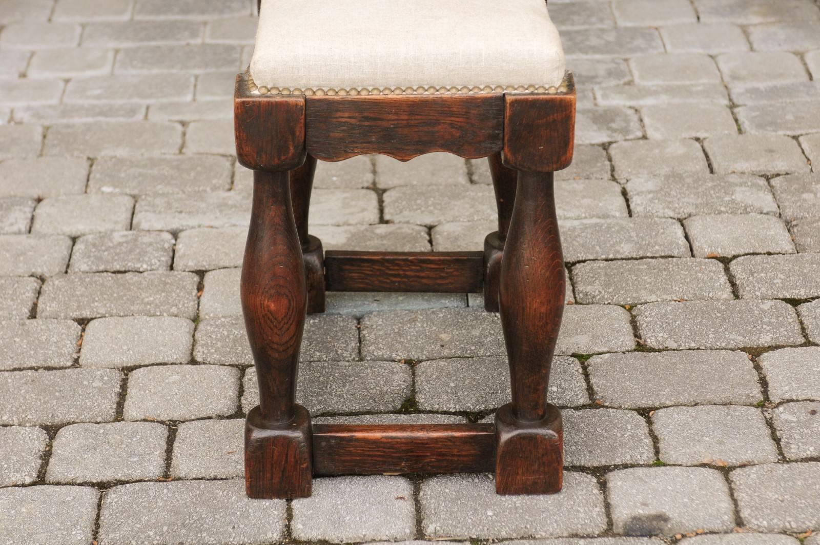 English 1820s Oak Saddle Seat Stool with Baluster Legs and New Upholstery 3