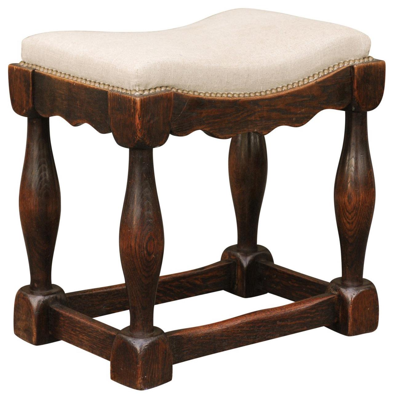English 1820s Oak Saddle Seat Stool with Baluster Legs and New Upholstery