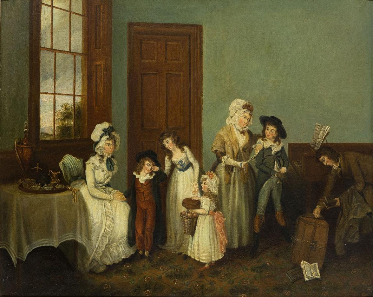 Fine English Georgian Oil Country House Interior Large Family Group Children - Painting by English 1820's