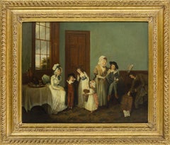 Fine English Georgian Oil Country House Interior Large Family Group Children